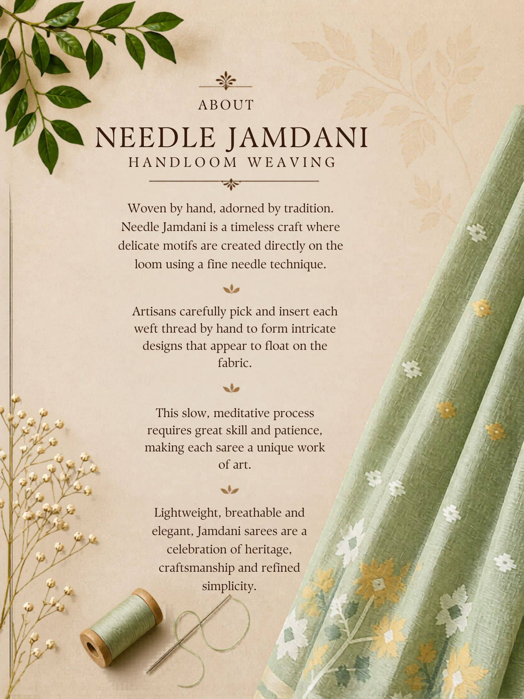 Handloom Yellow Cotton Jamdani Saree with Green Motifs