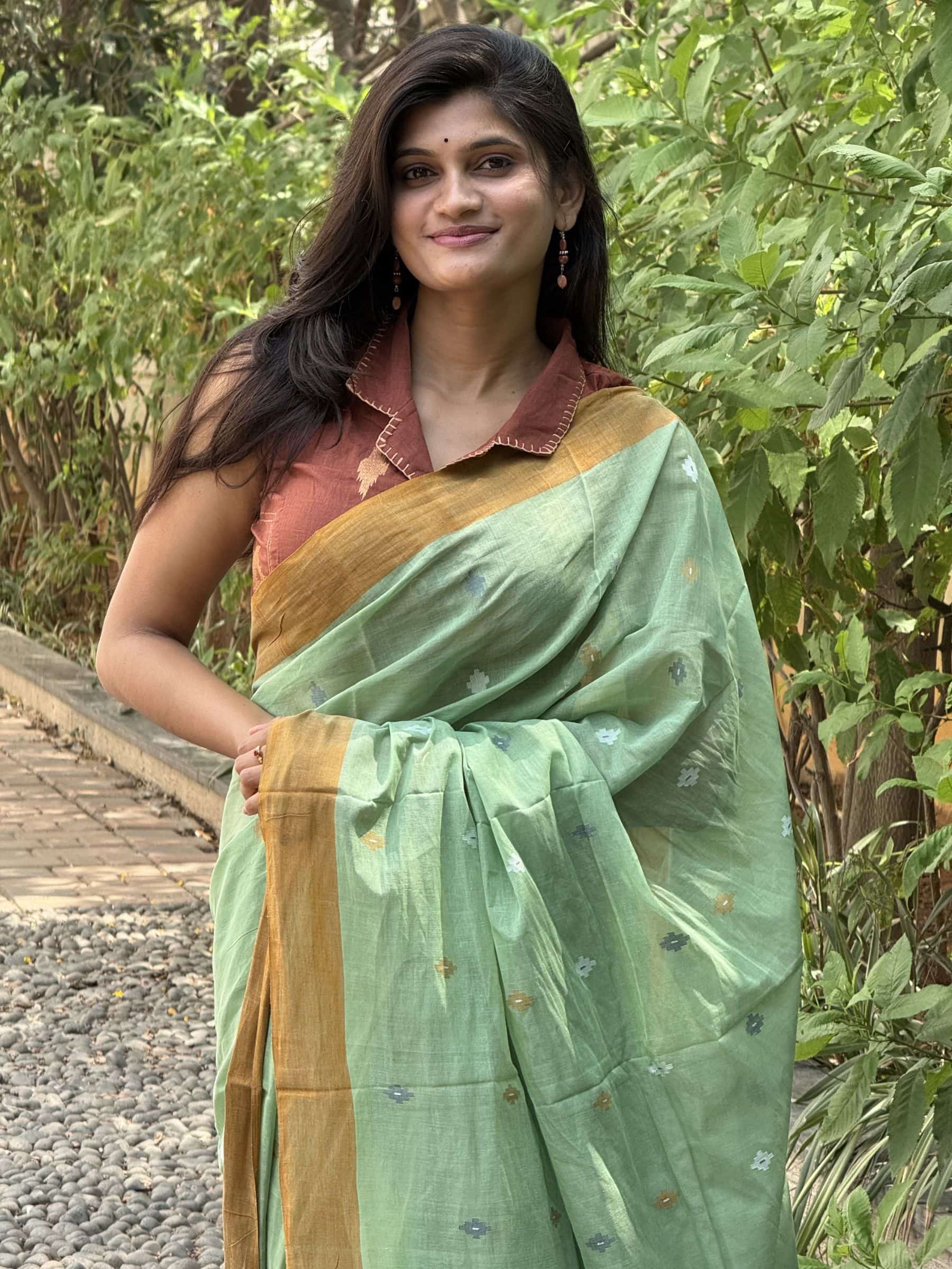 Handloom Needle Jamdani Cotton Saree in Pastel Green