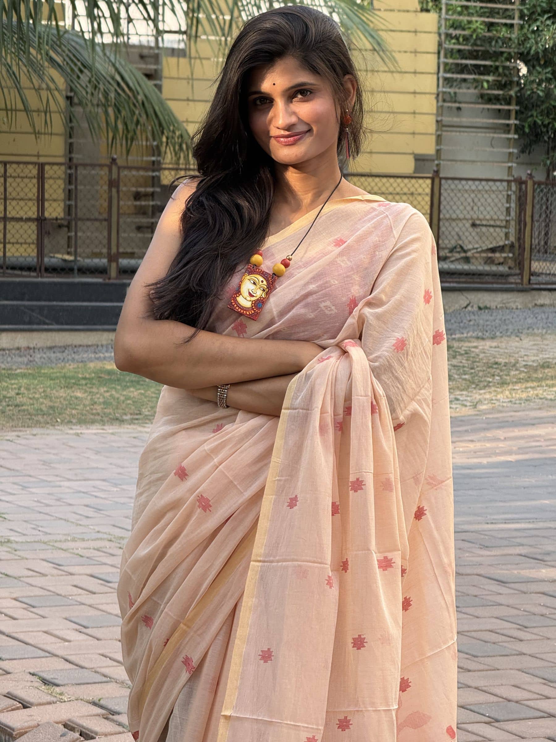 Handloom Needle Jamdani Cotton Saree in Peach