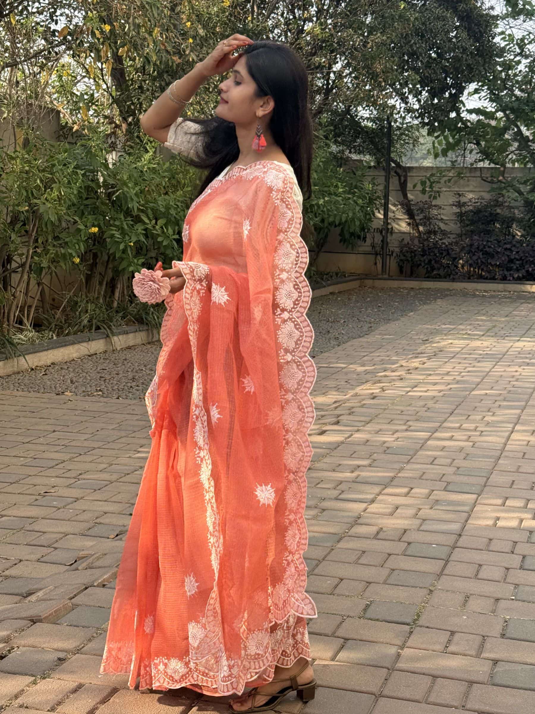 Embroidered Kota Doria Saree in Rust Orange