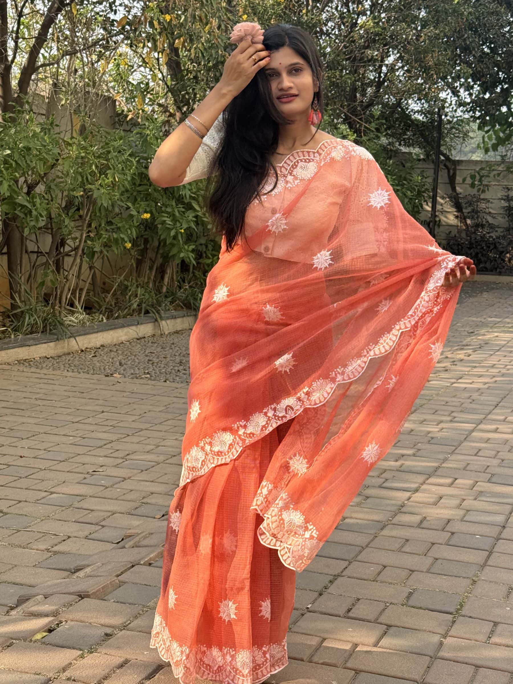 Embroidered Kota Doria Saree in Rust Orange