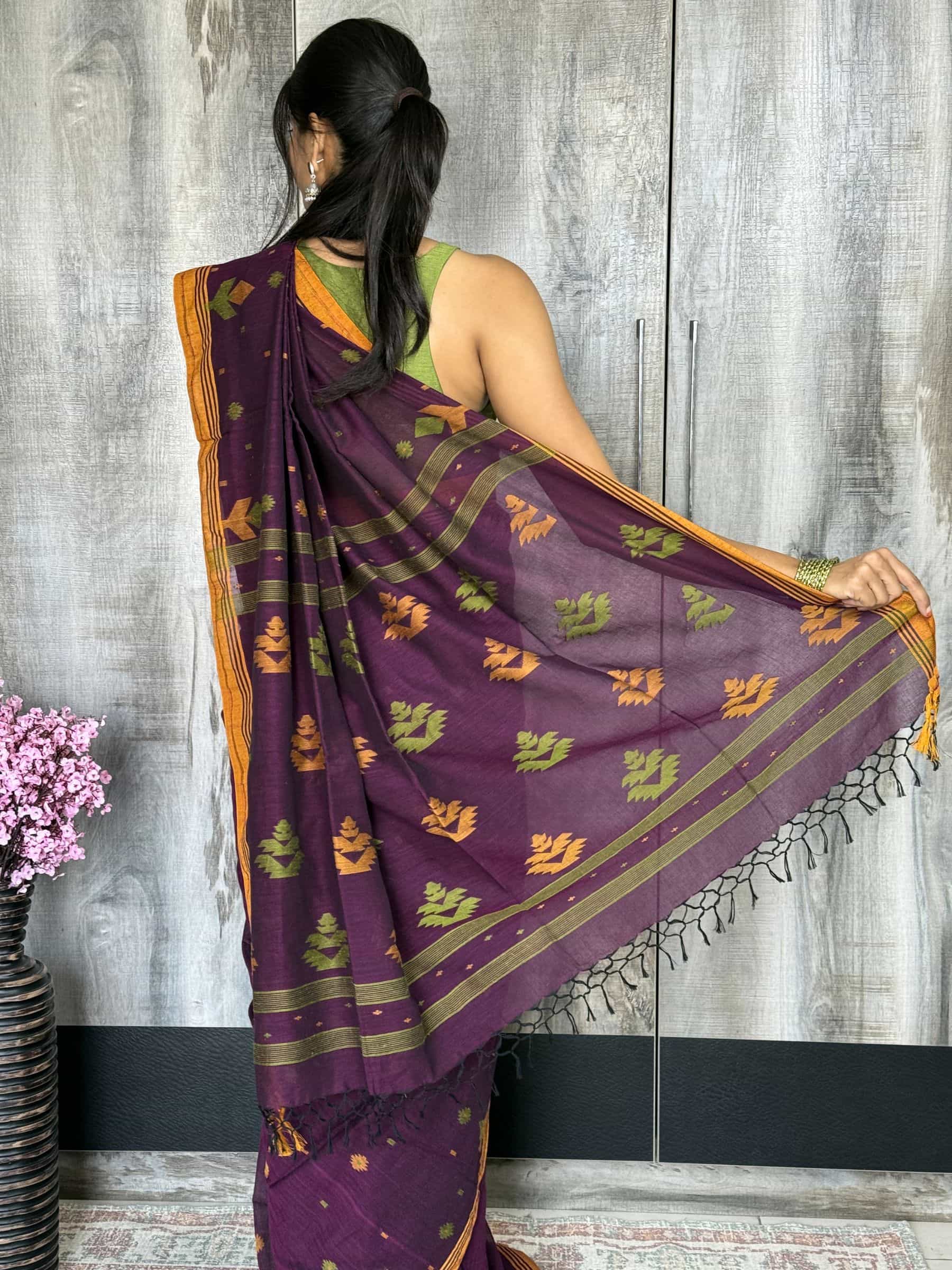 Handloom Jacquard Jamdani Cotton Saree in Plum