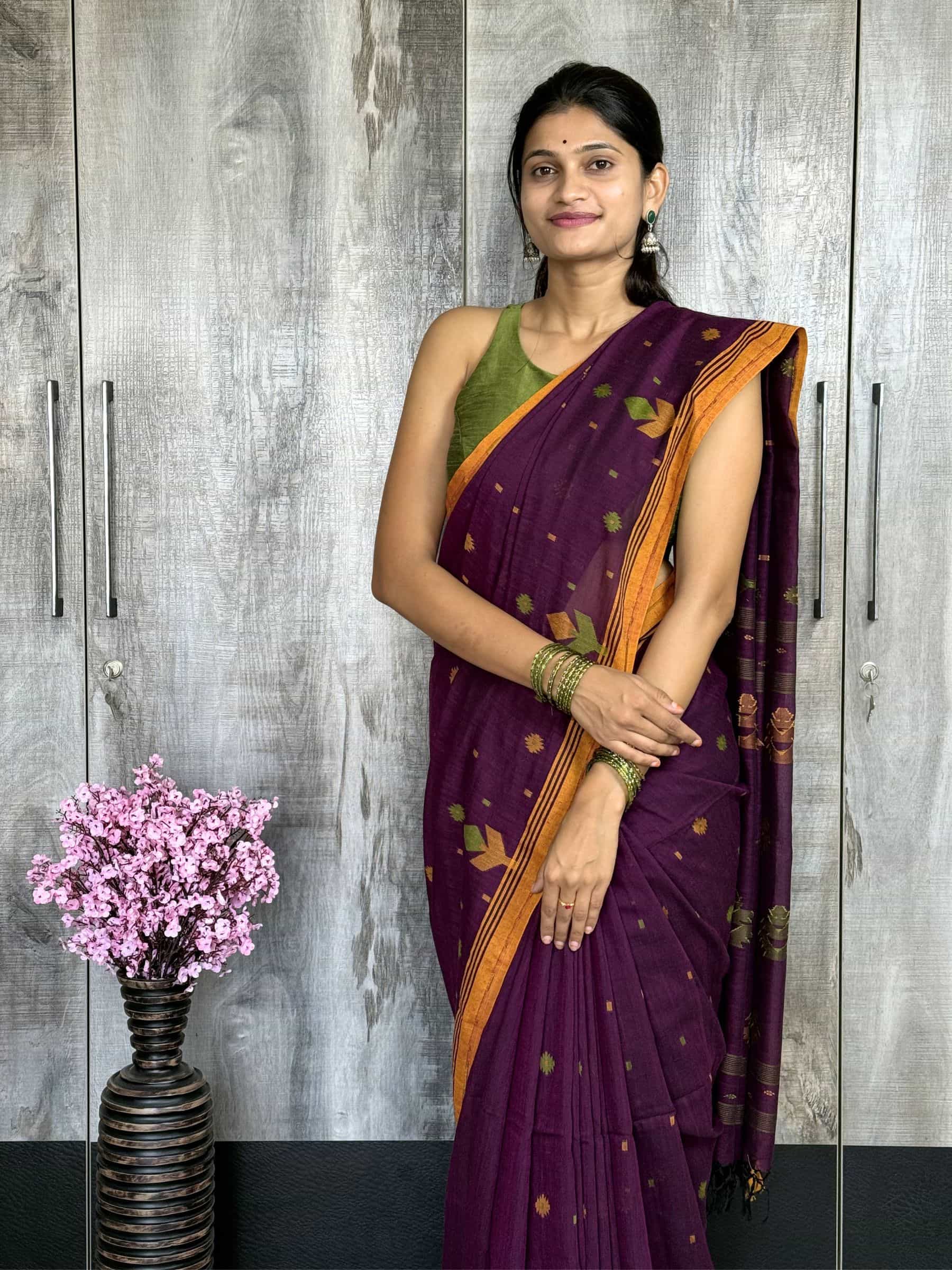 Handloom Jacquard Jamdani Cotton Saree in Plum