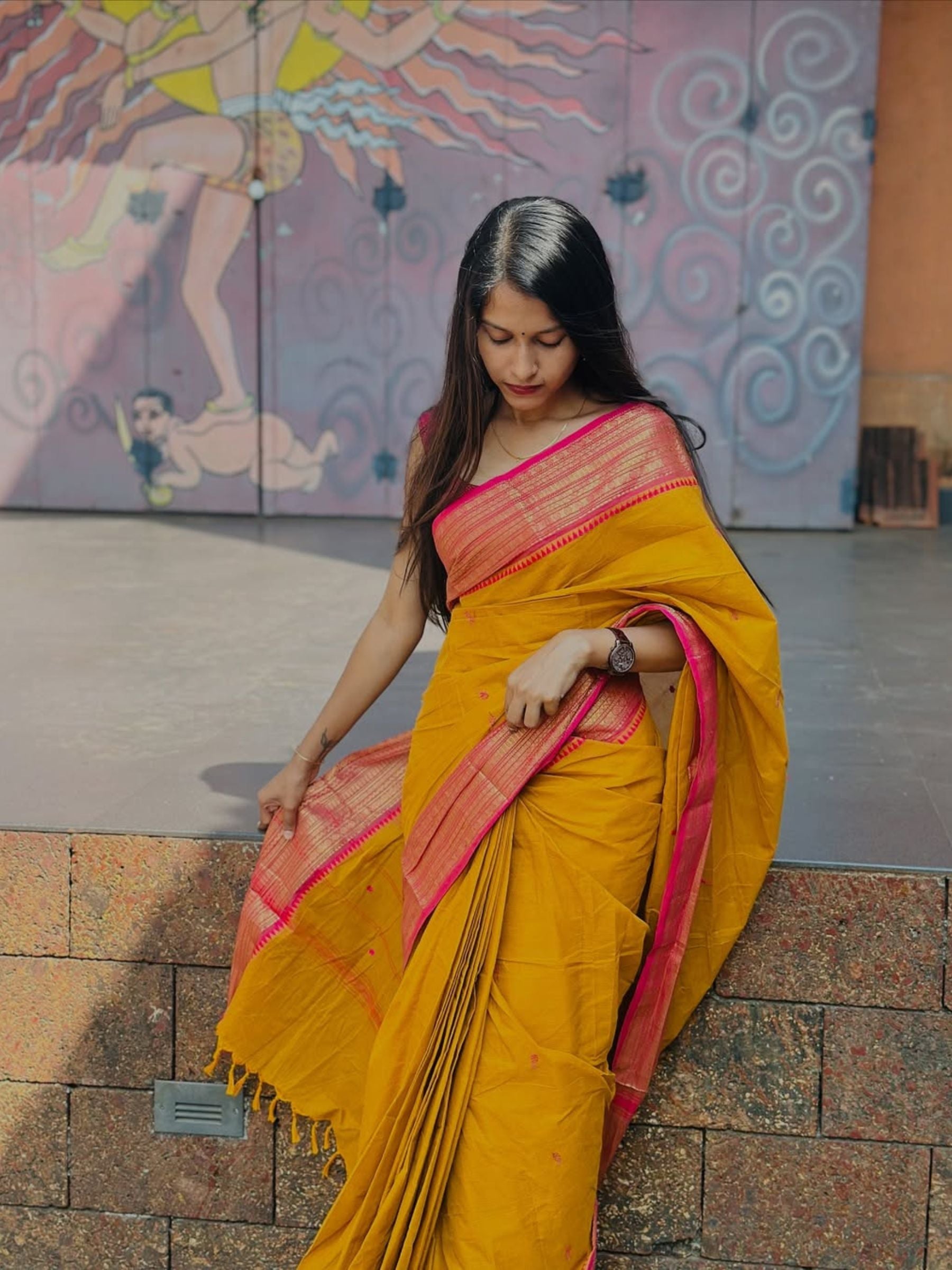 Kanchi Cotton Saree in Mustard with Pink Border
