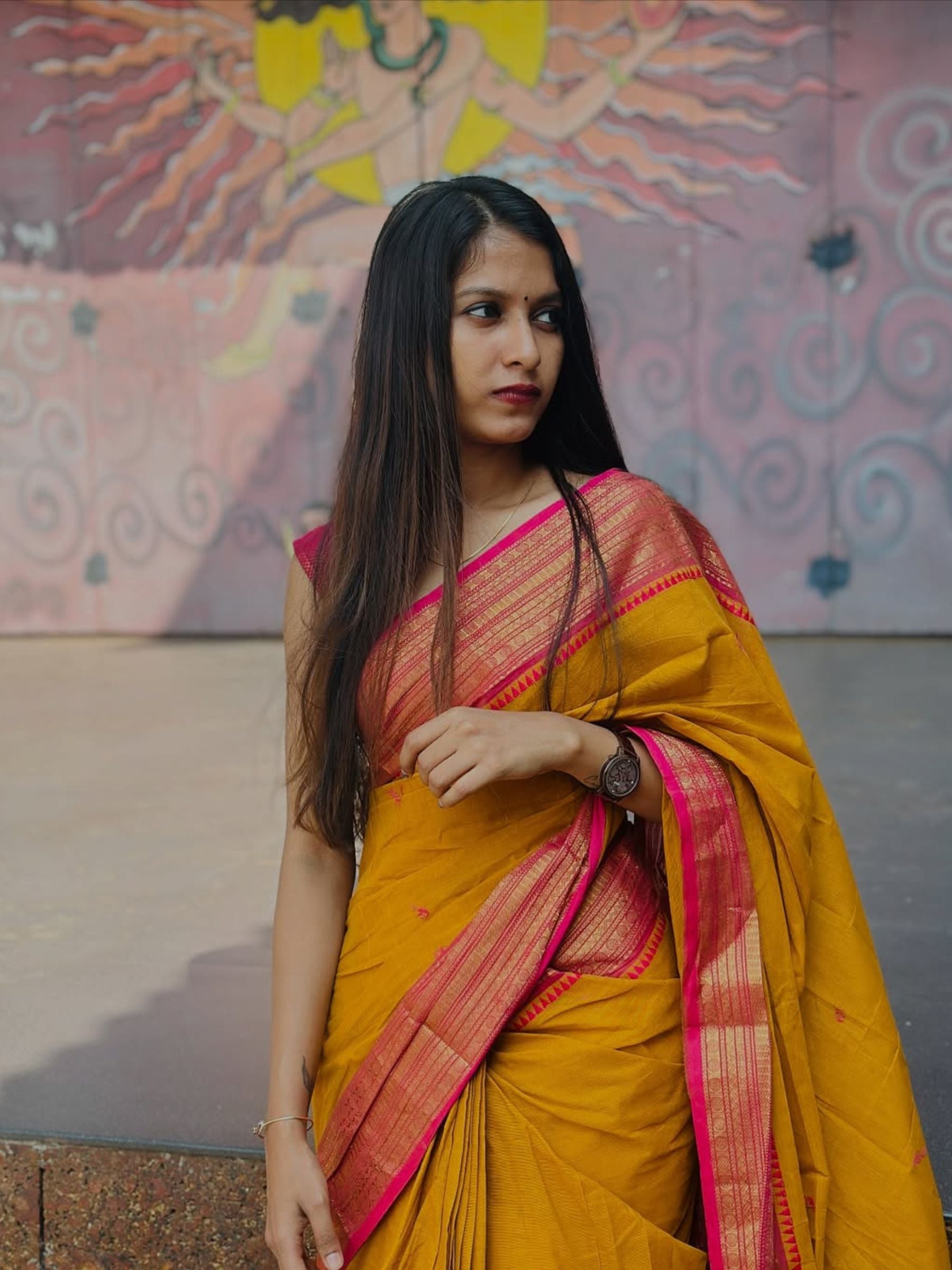 Kanchi Cotton Saree in Mustard with Pink Border