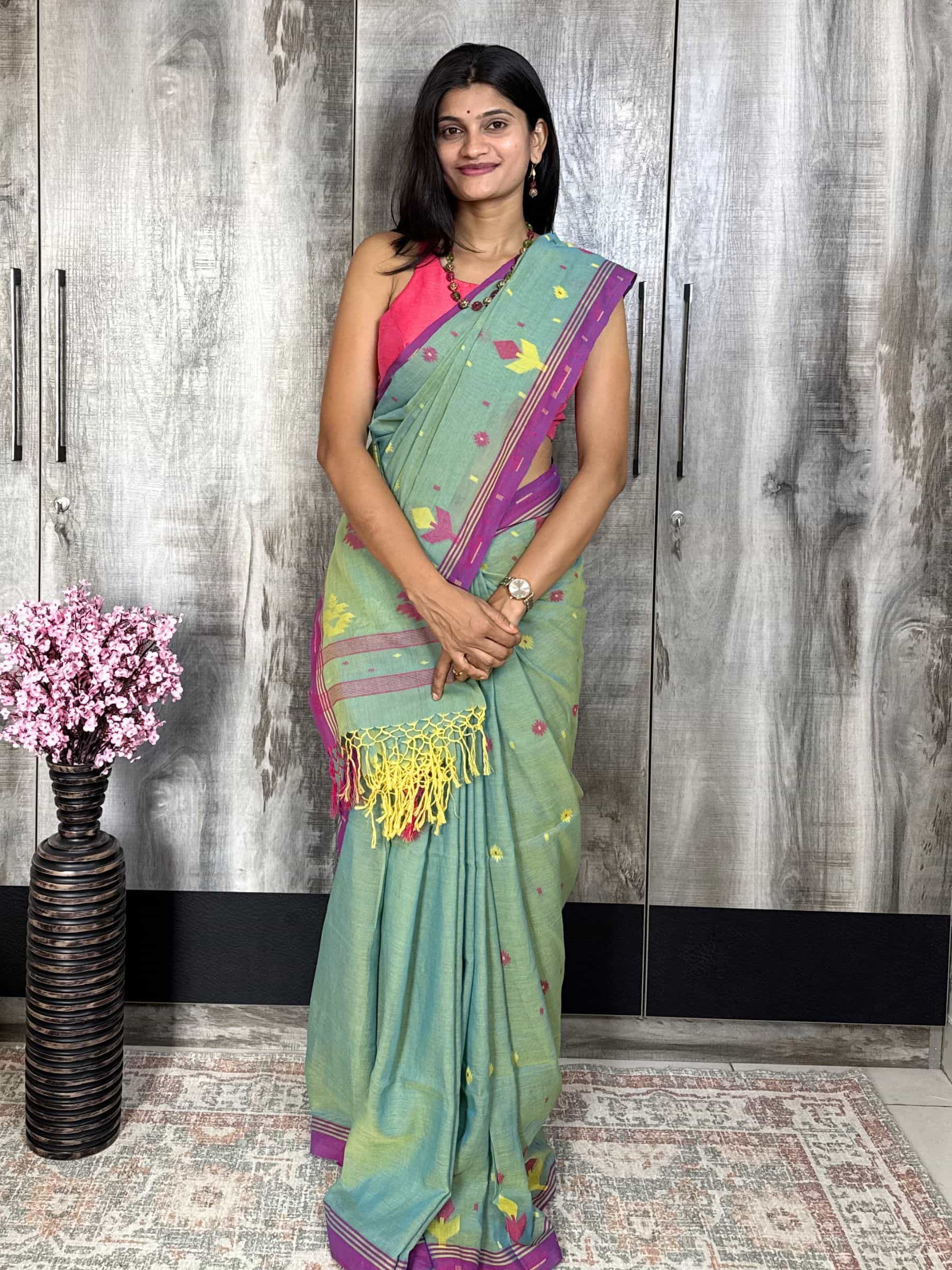Sea green jacquard Jamdani cotton saree with magenta border