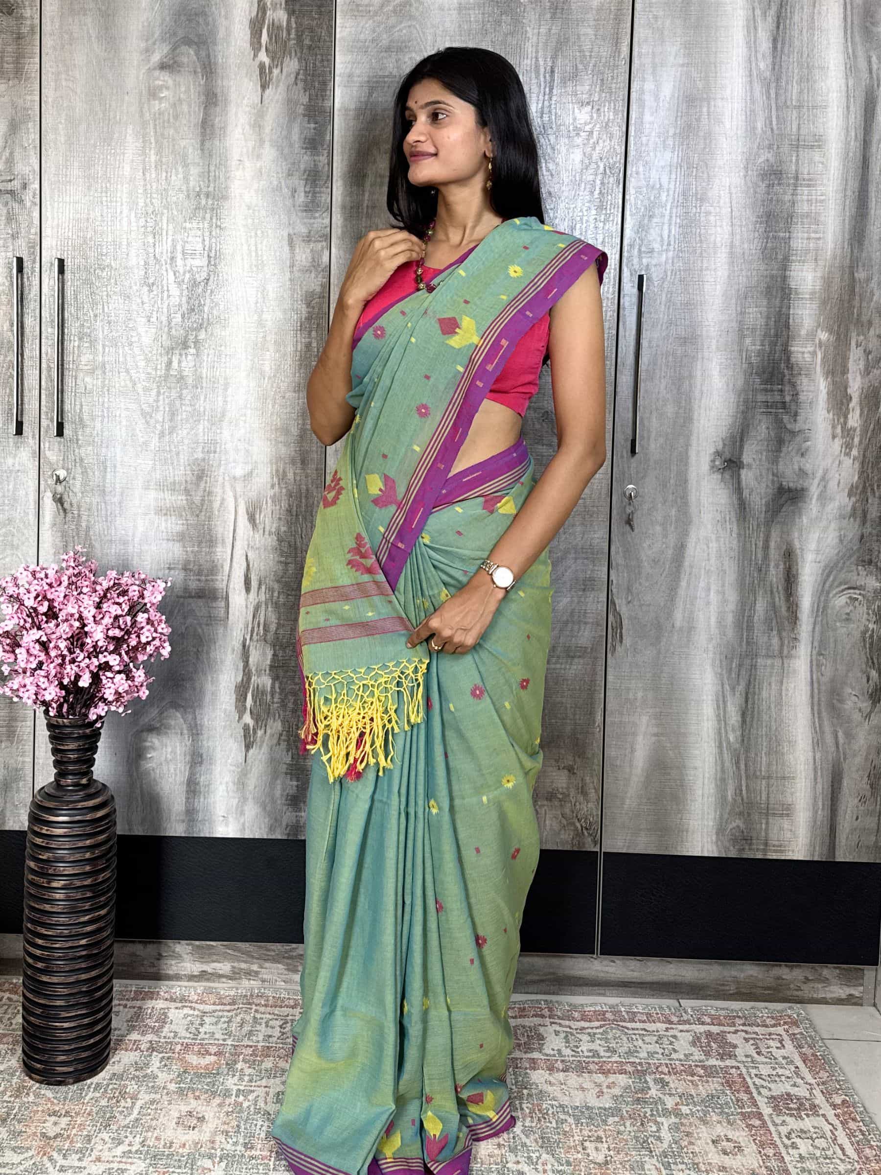 Handloom Jacquard Jamdani Cotton Saree in Sea Green