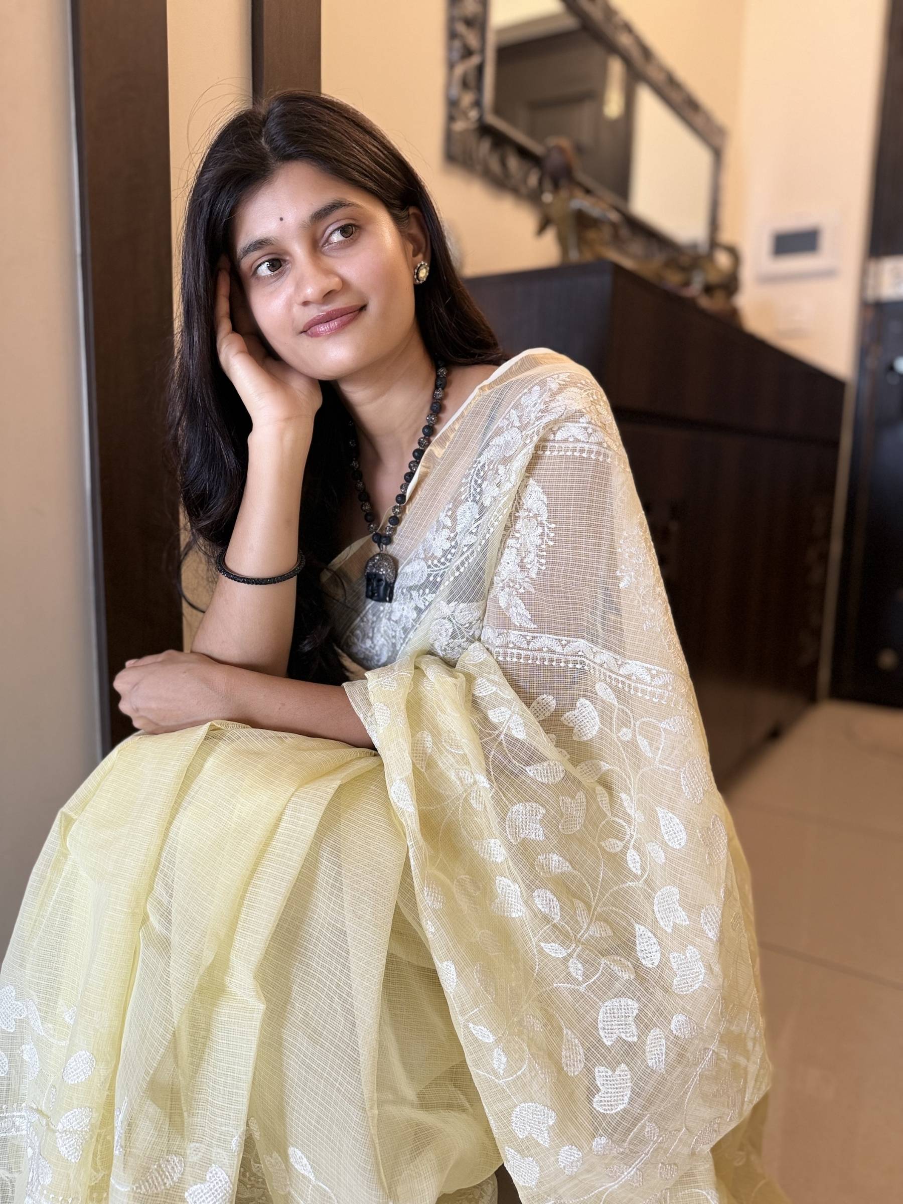 Embroidered Yellow Kota Doria Saree with White Floral Work