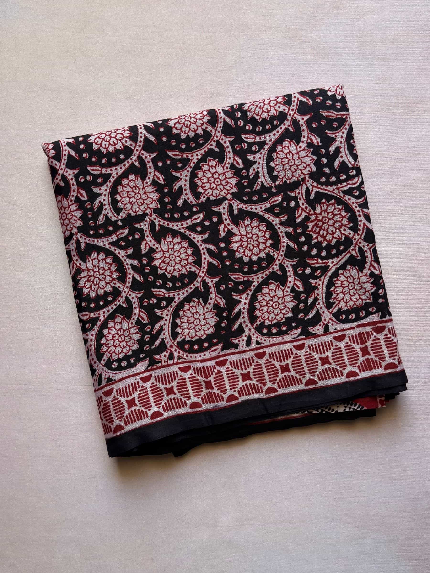 Black and red Bagh hand block printed banana silk cotton saree