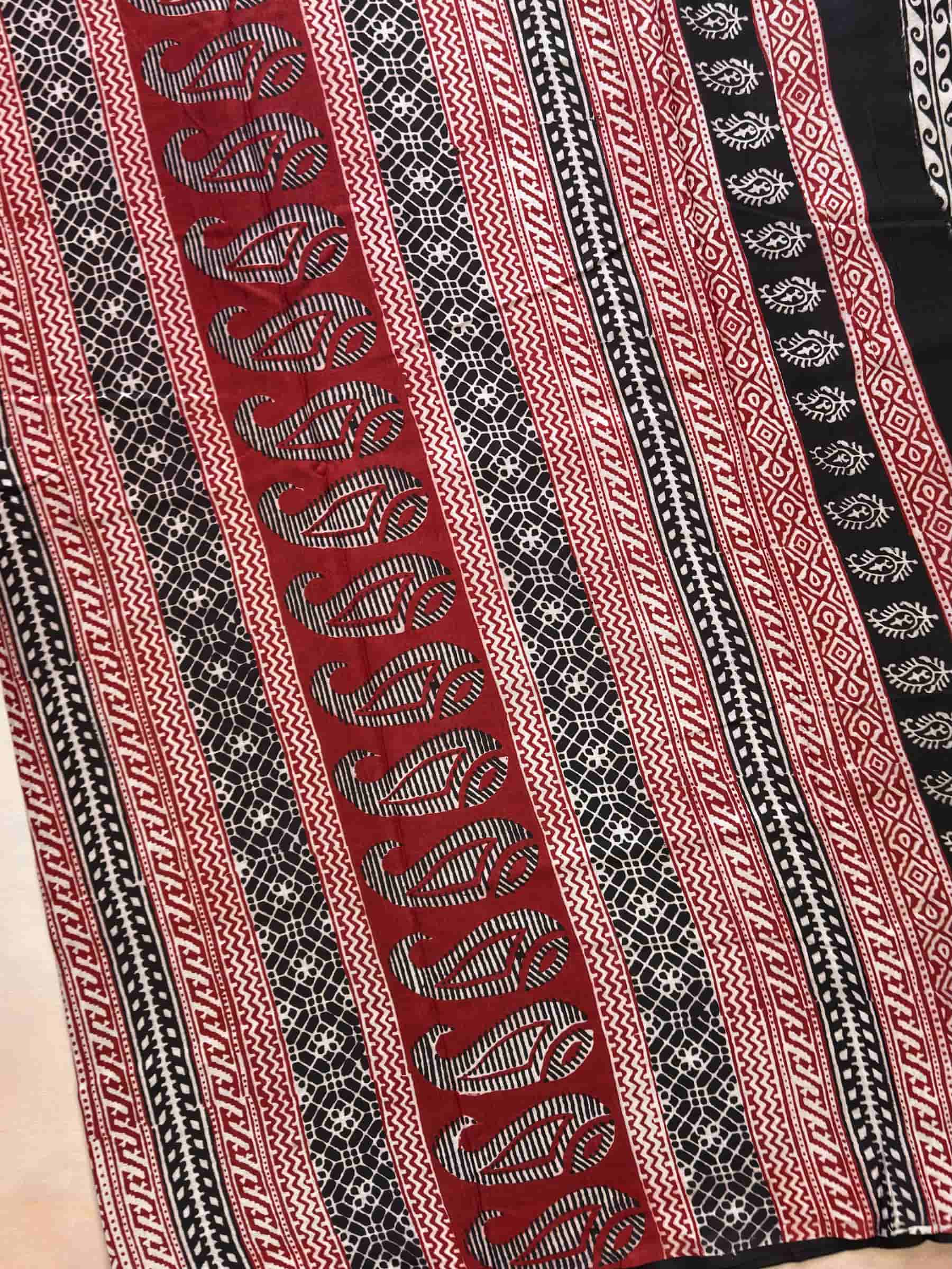 Black and Off White Bagh Hand Block Printed Banana Silk Cotton Saree