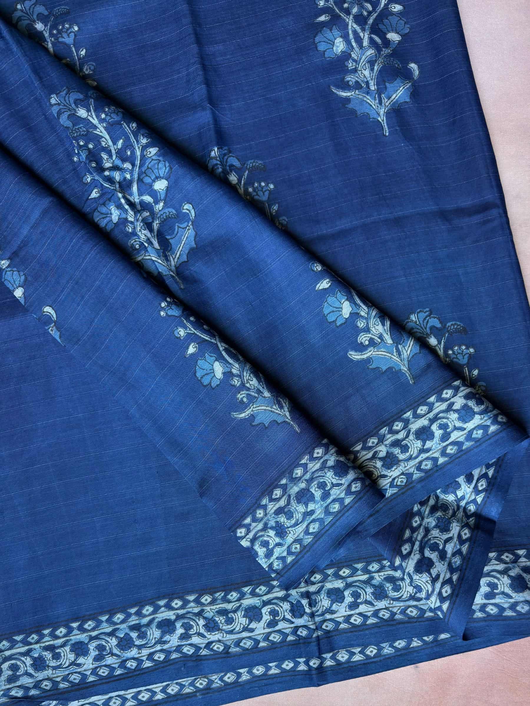 Blue Dabu Hand Block Printed Banana Silk Cotton Saree