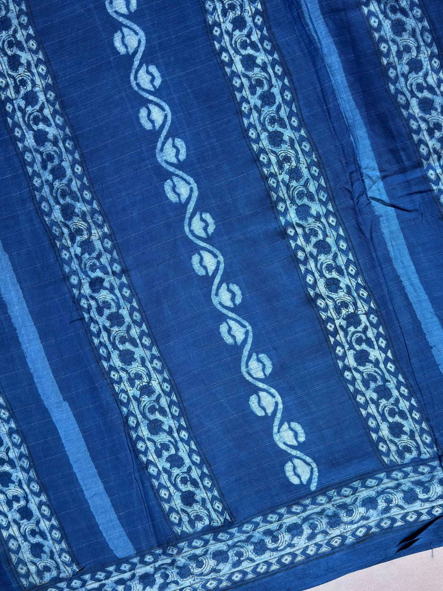 Blue Dabu Hand Block Printed Banana Silk Cotton Saree