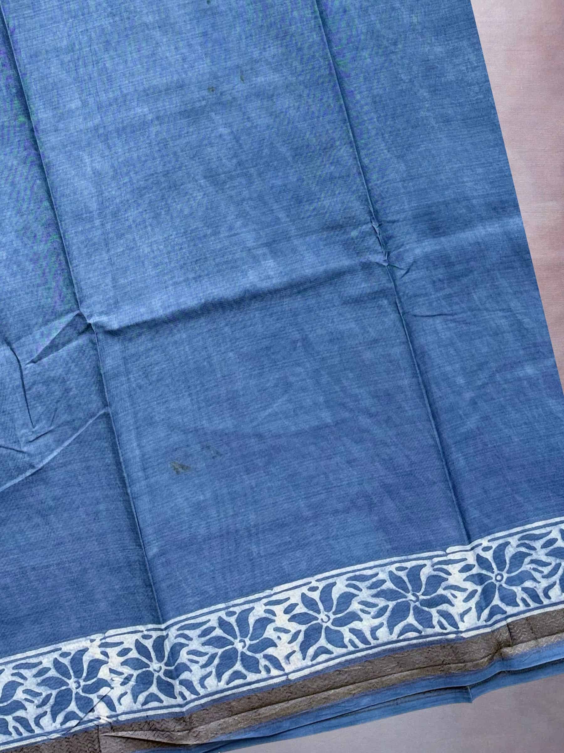 Indigo Blue Dabu Hand Block Printed Banana Silk Cotton Saree