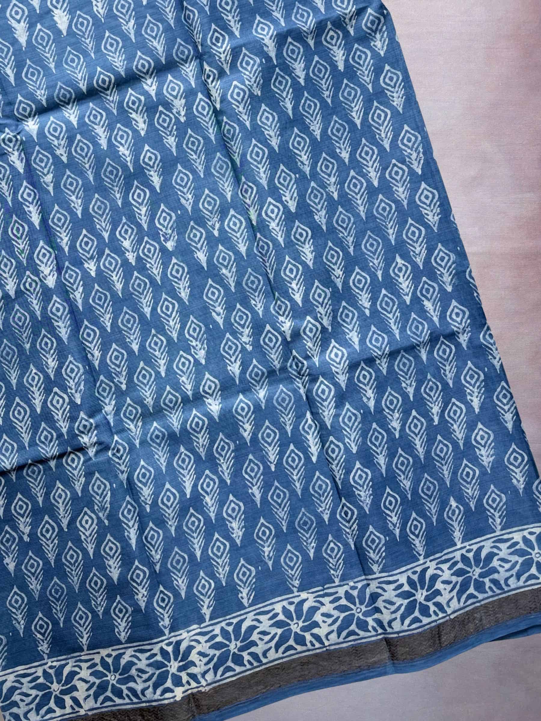Indigo Blue Dabu Hand Block Printed Banana Silk Cotton Saree