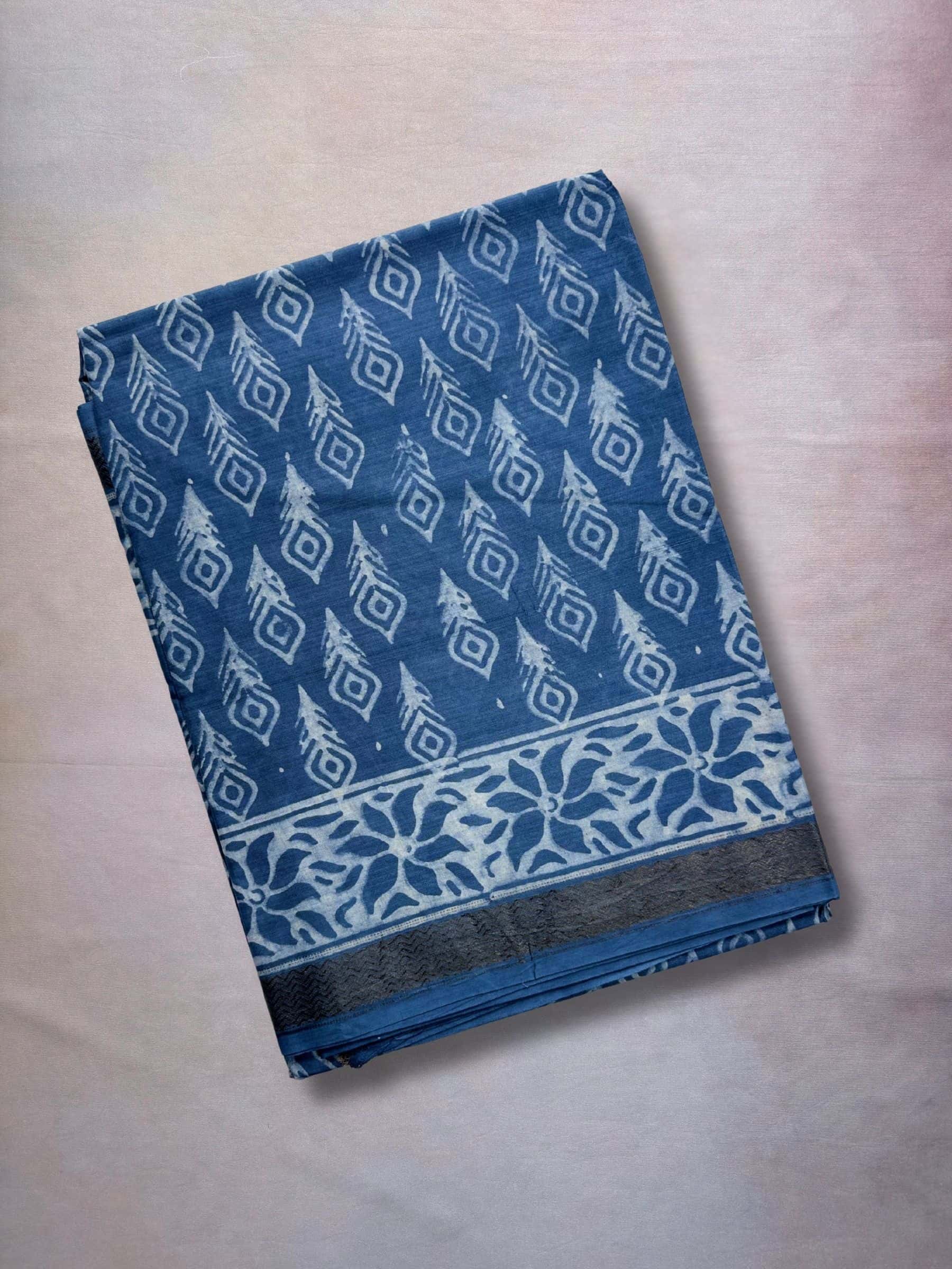 Indigo blue dabu hand block printed banana silk cotton saree