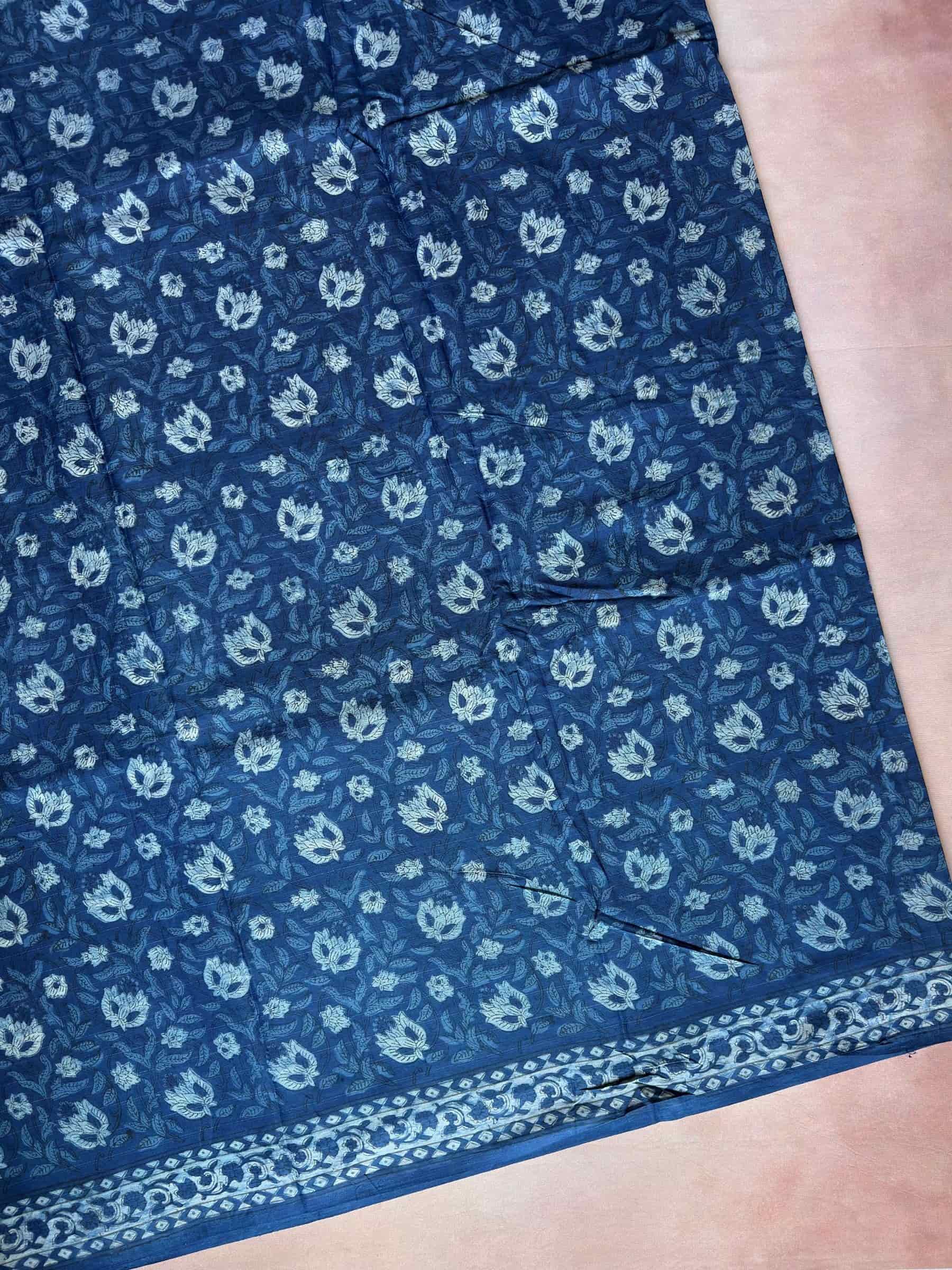 Blue Dabu Hand Block Printed Banana Silk Cotton Saree