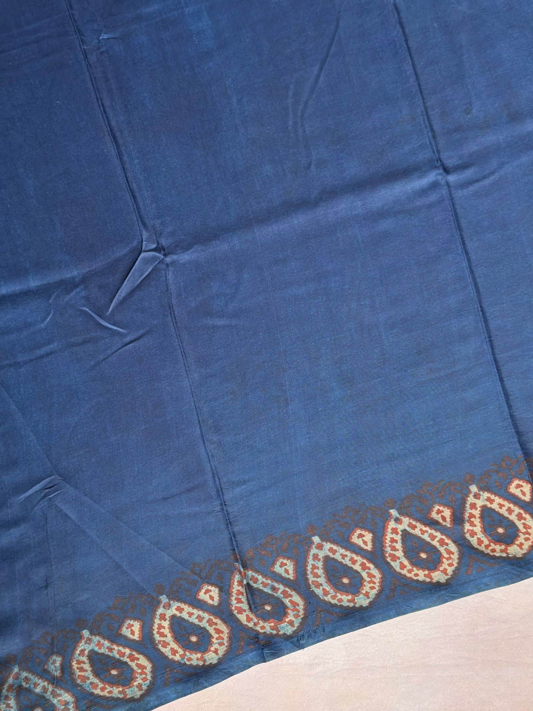 Blue Indigo Hand Block Printed Banana Silk Cotton Saree
