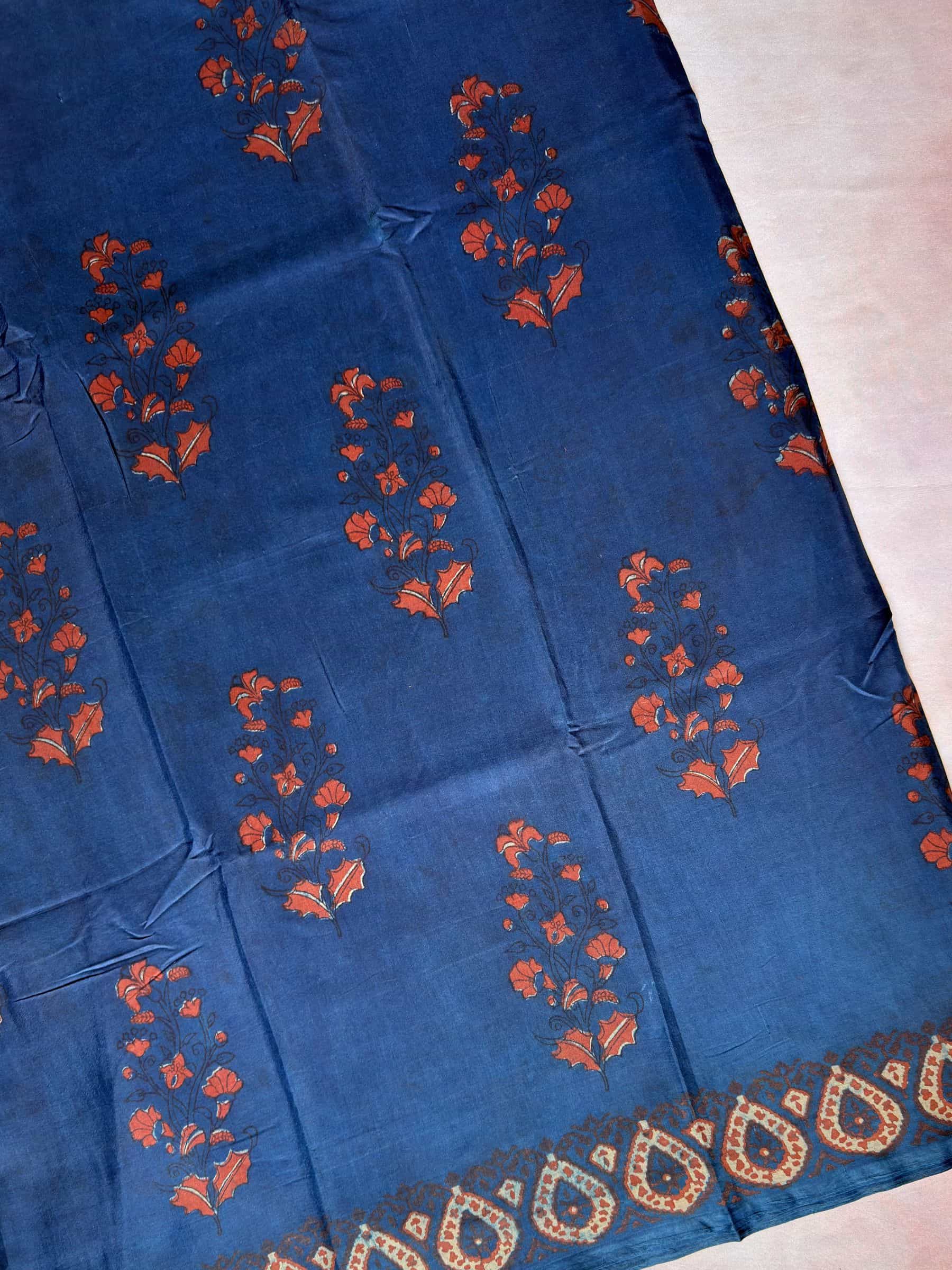 Blue Indigo Hand Block Printed Banana Silk Cotton Saree