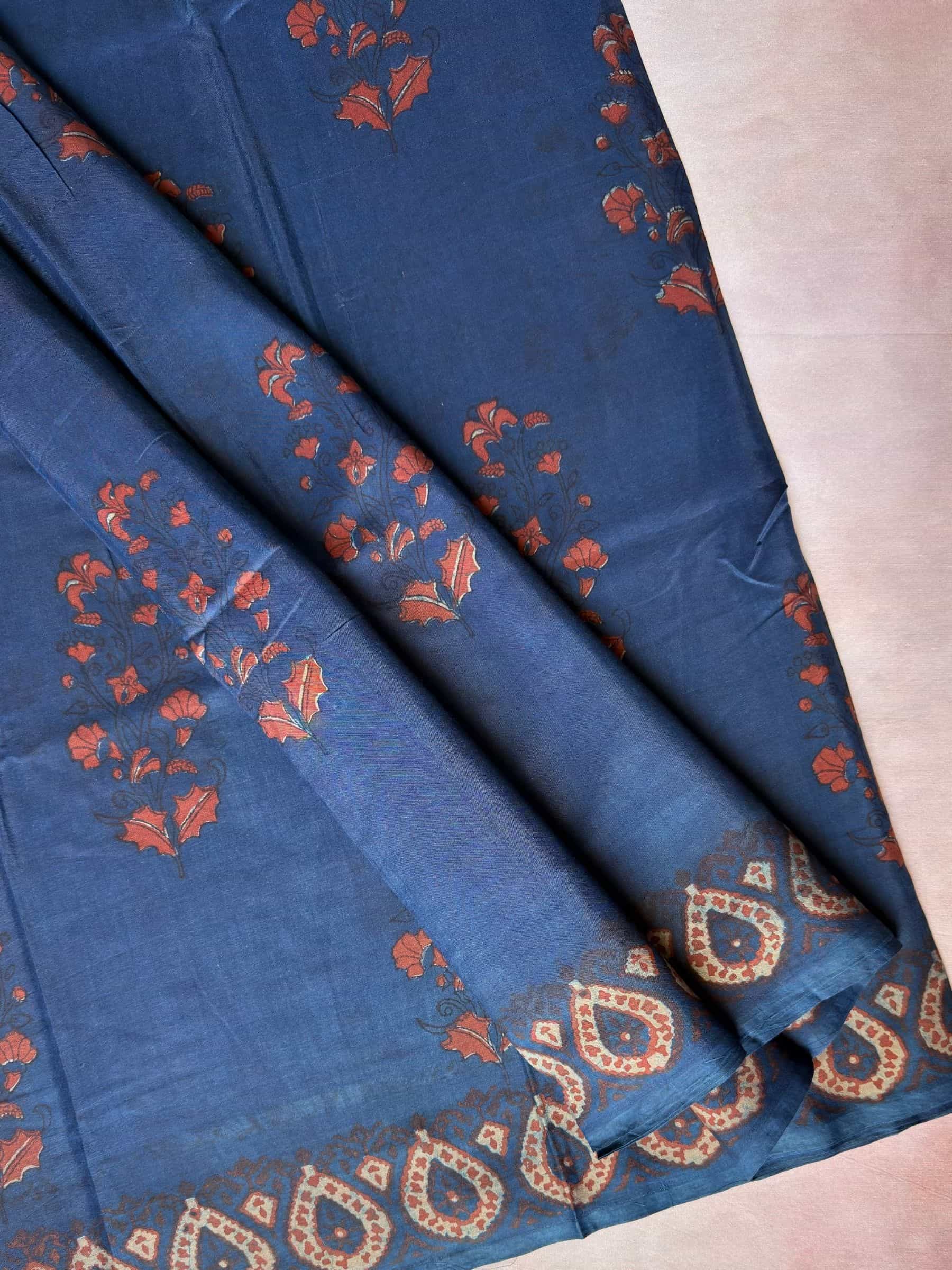 Blue Indigo Hand Block Printed Banana Silk Cotton Saree