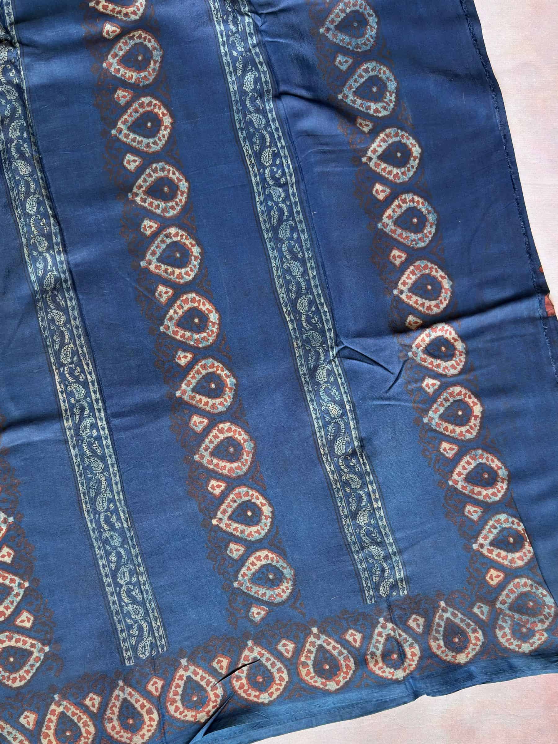 Blue Indigo Hand Block Printed Banana Silk Cotton Saree