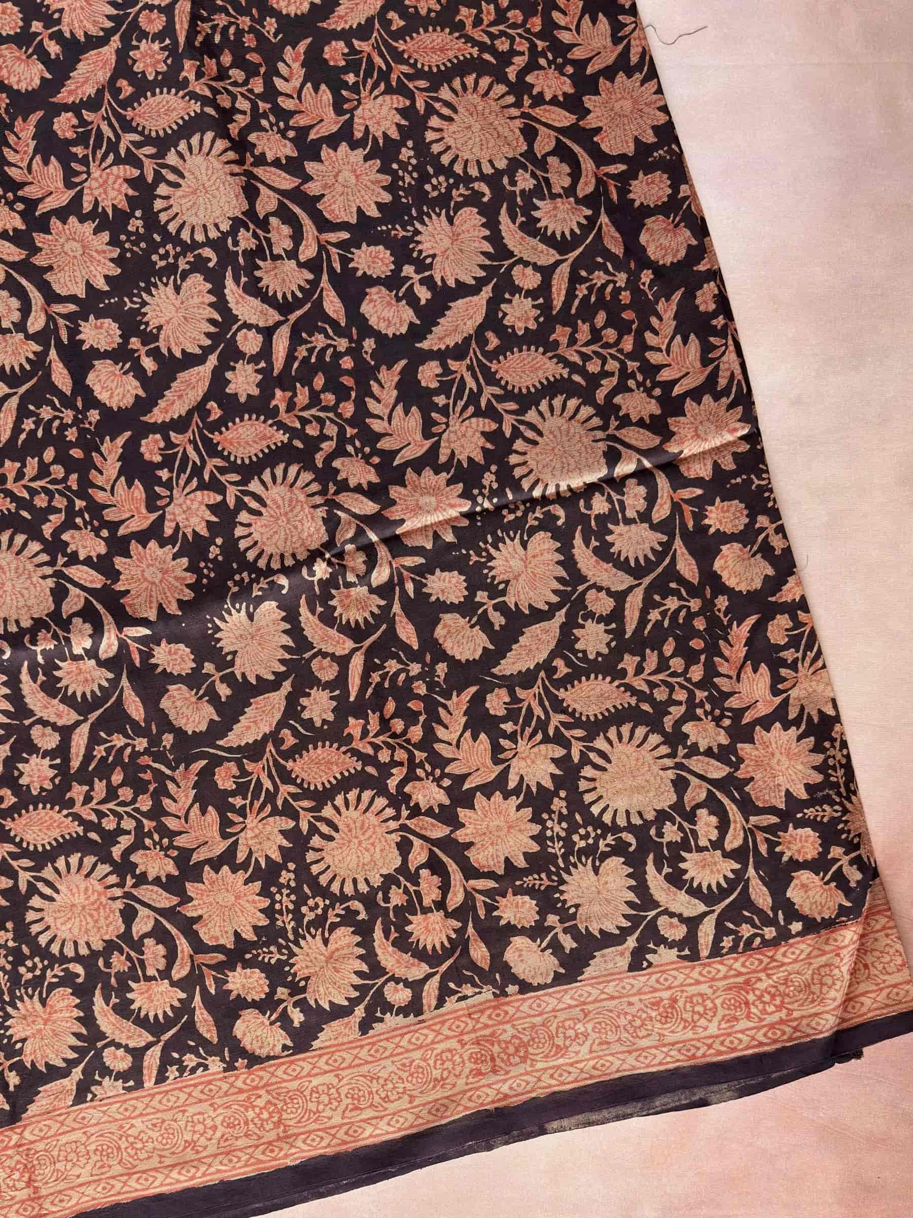 Dark Brown Indigo Hand Block Printed Banana Silk Saree