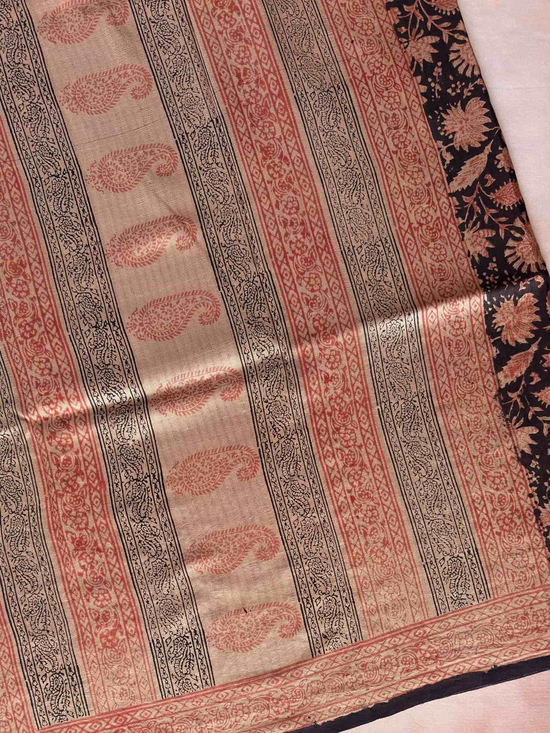 Dark Brown Indigo Hand Block Printed Banana Silk Saree