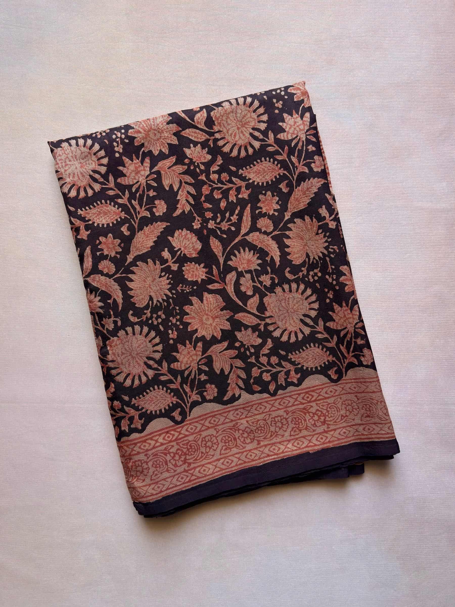 Dark brown indigo hand block printed banana silk cotton saree