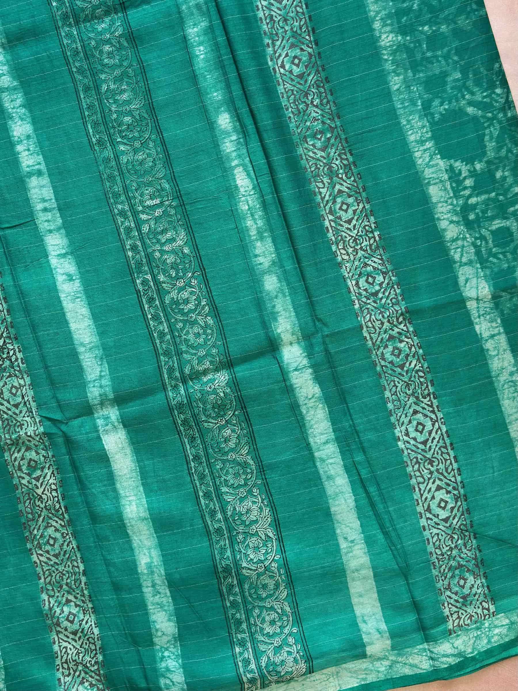 Emerald Green Indigo Hand Block Printed Banana Silk Cotton Saree