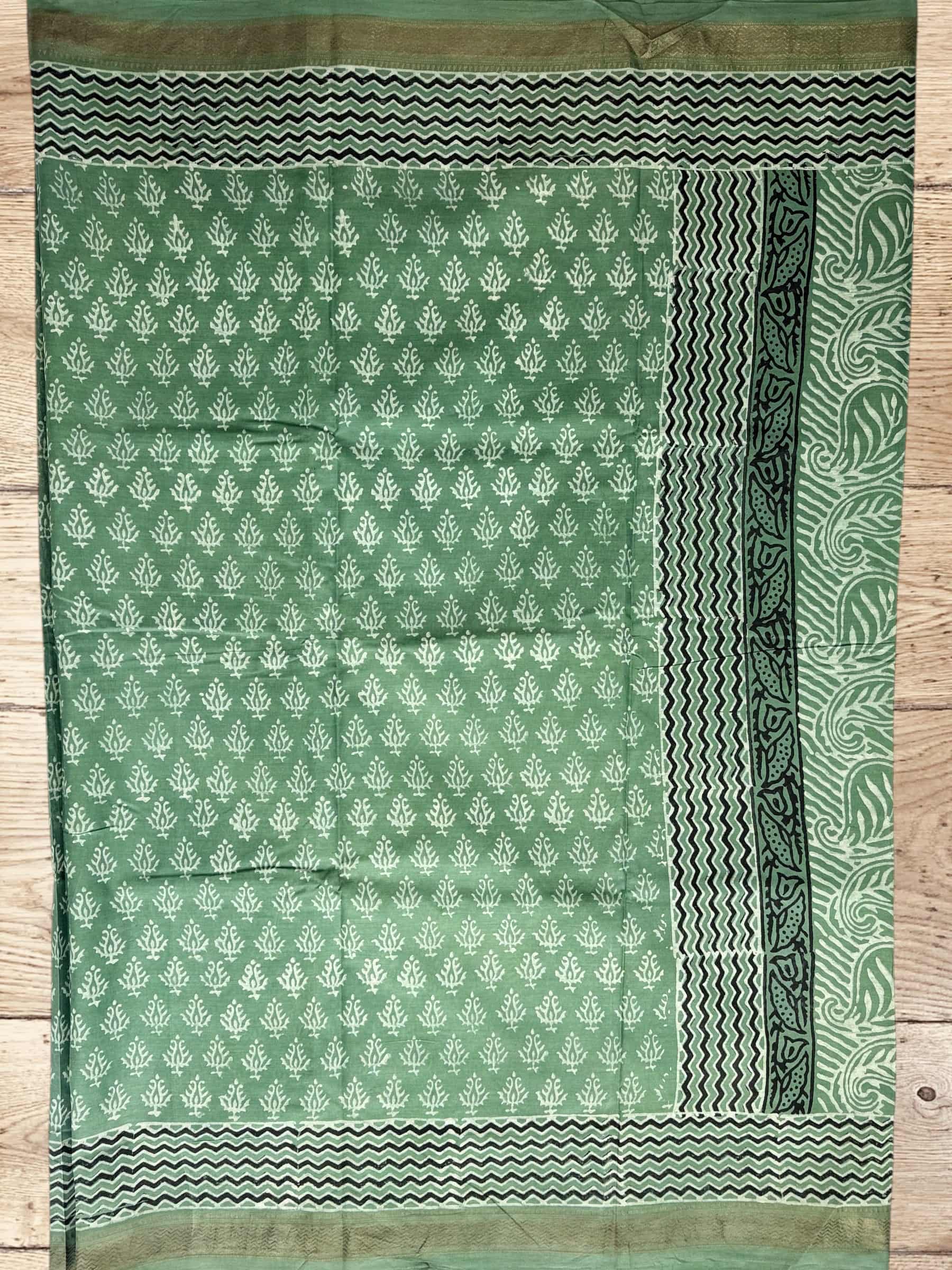 Green Dabu Hand Block Printed Banana Silk Saree