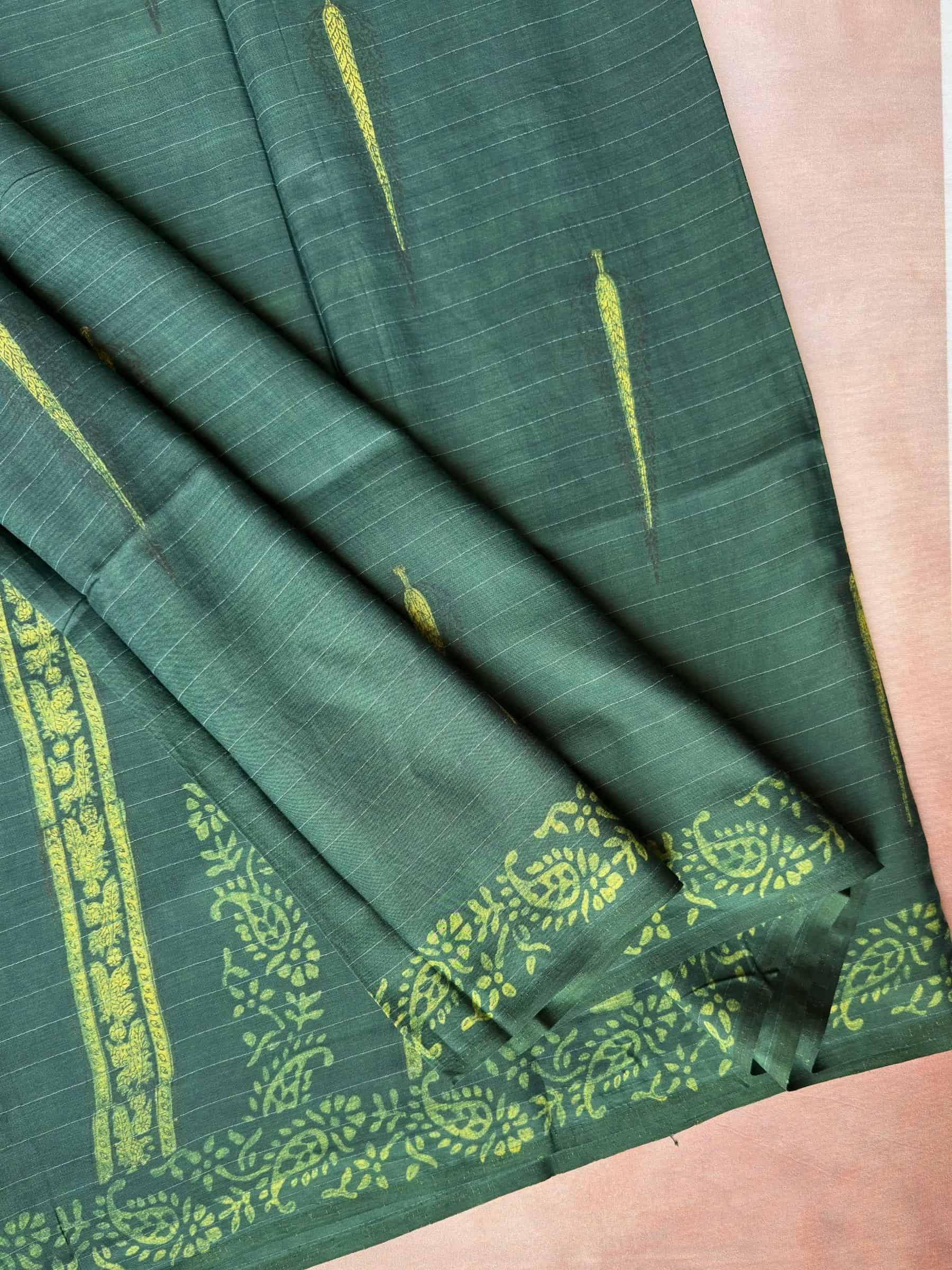 Green Indigo Hand Block Printed Banana Silk Cotton Saree