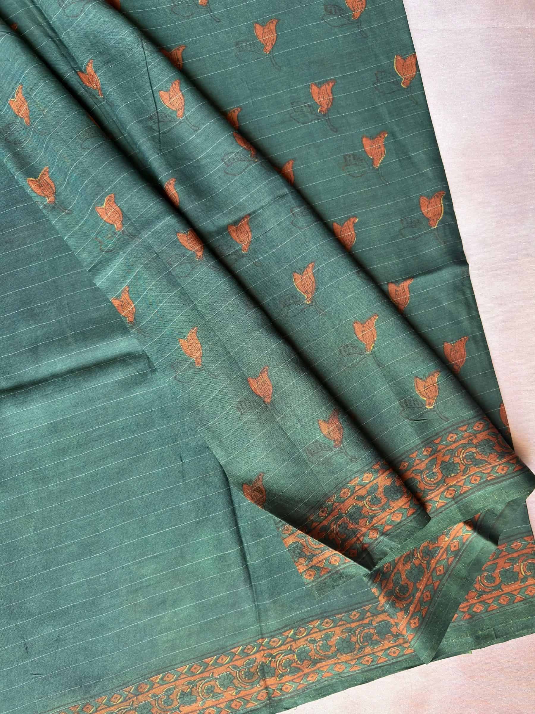 Green Indigo Hand Block Printed Banana Silk Cotton Saree