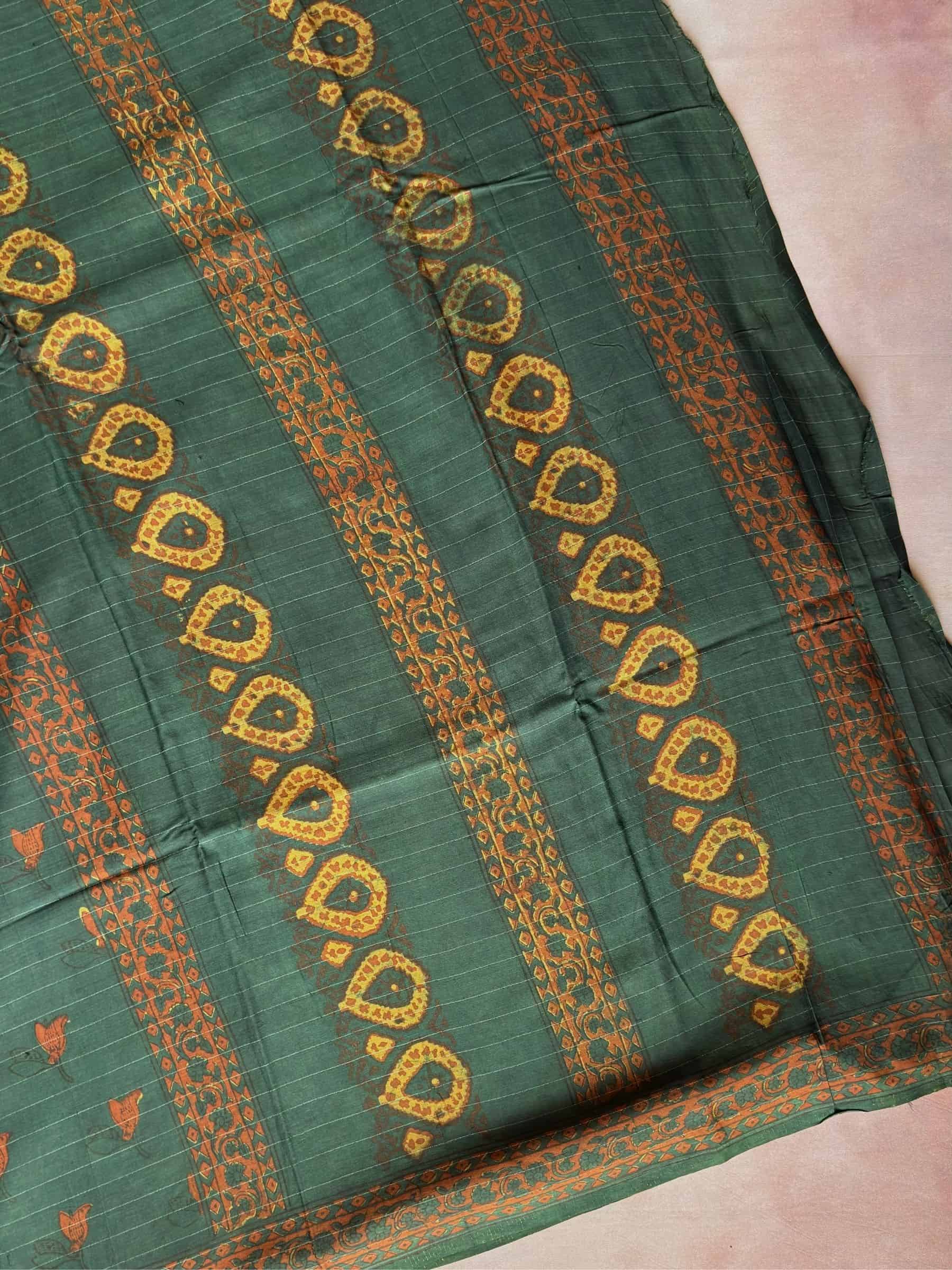 Green Indigo Hand Block Printed Banana Silk Cotton Saree