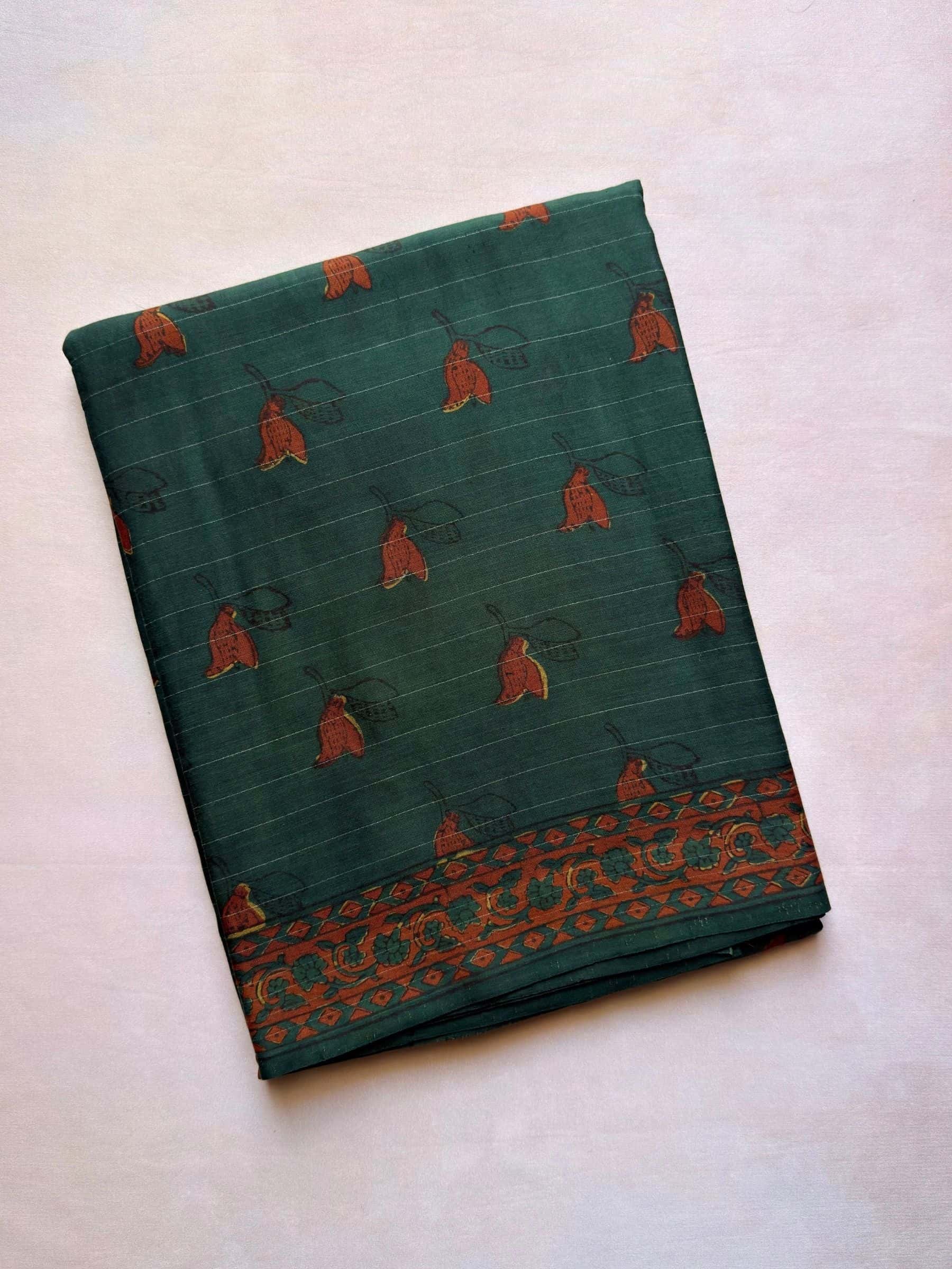 Green indigo hand block printed banana silk cotton saree