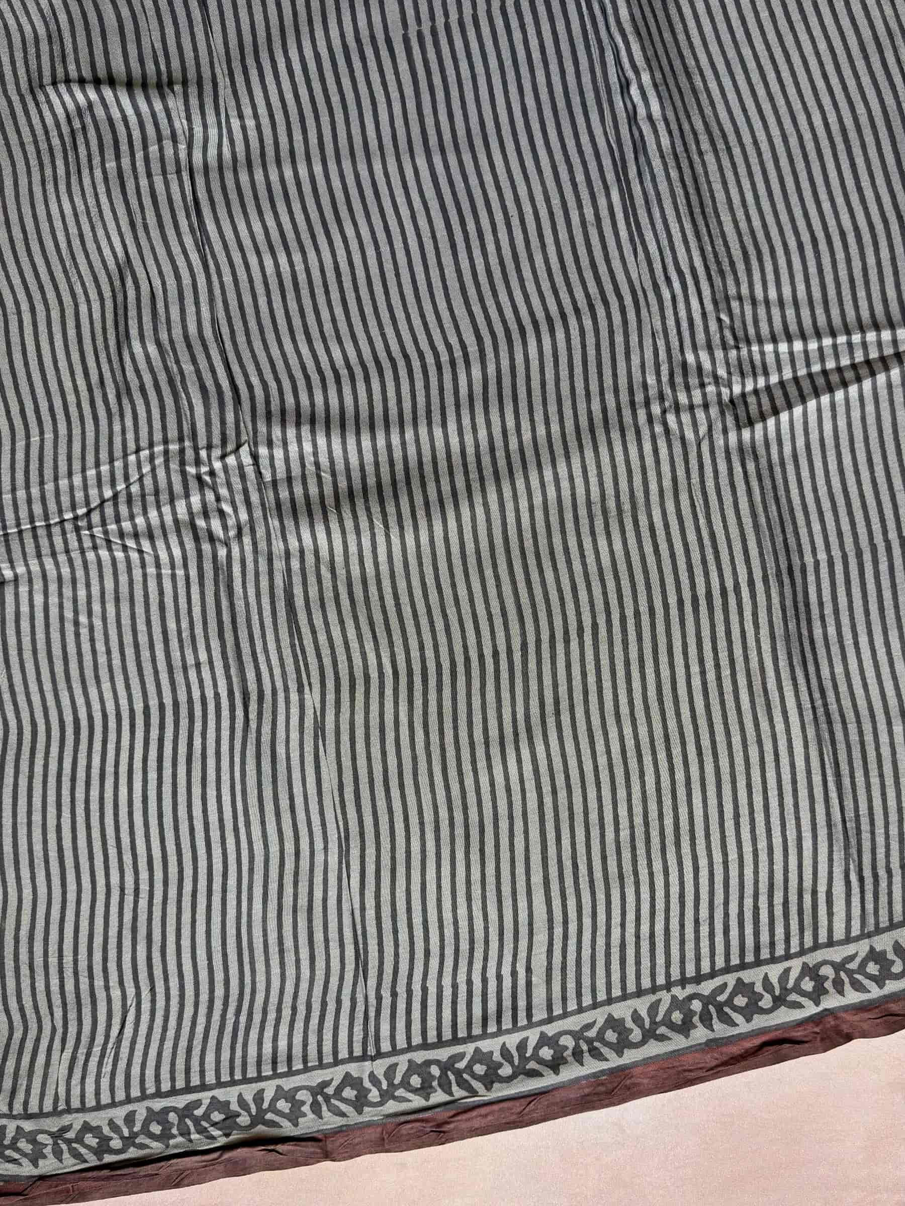 Grey Indigo Hand Block Printed Banana Silk Cotton Saree
