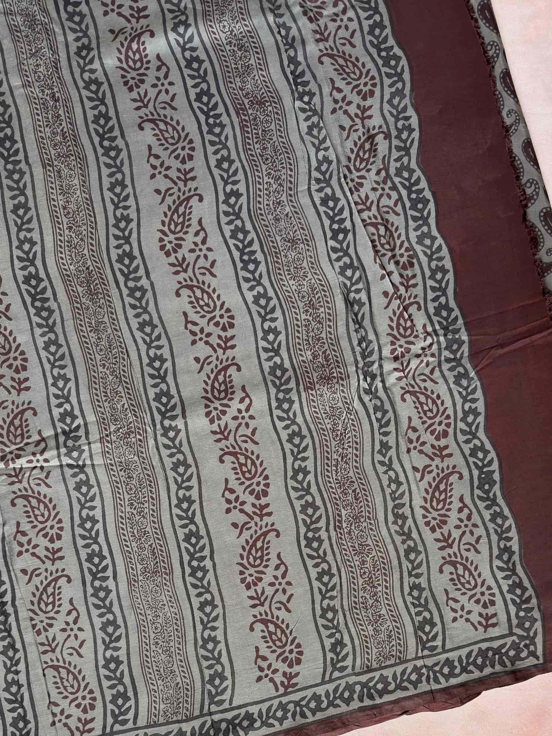 Grey Indigo Hand Block Printed Banana Silk Cotton Saree