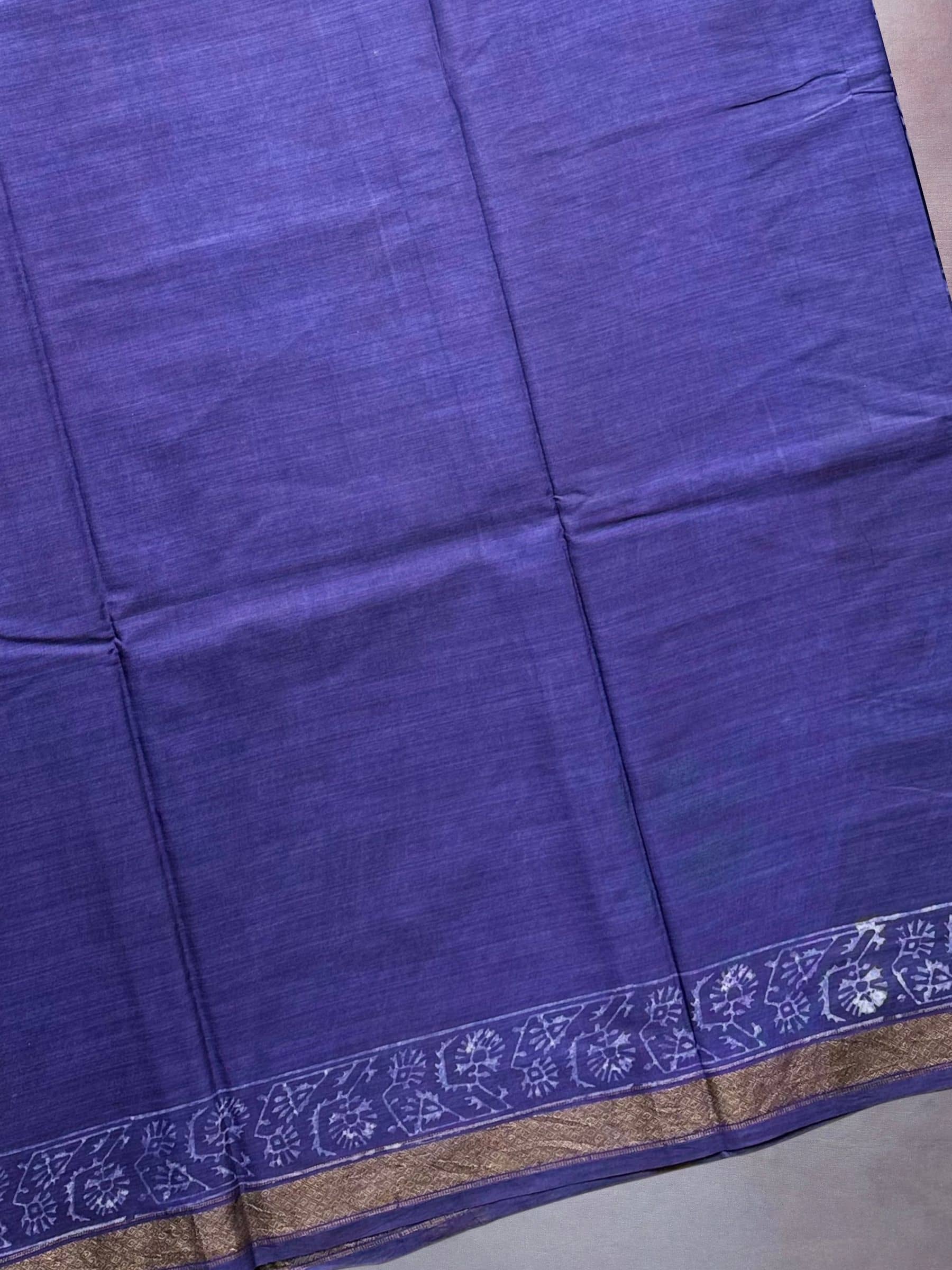 Royal Blue Dabu Hand Block Printed Banana Silk Saree