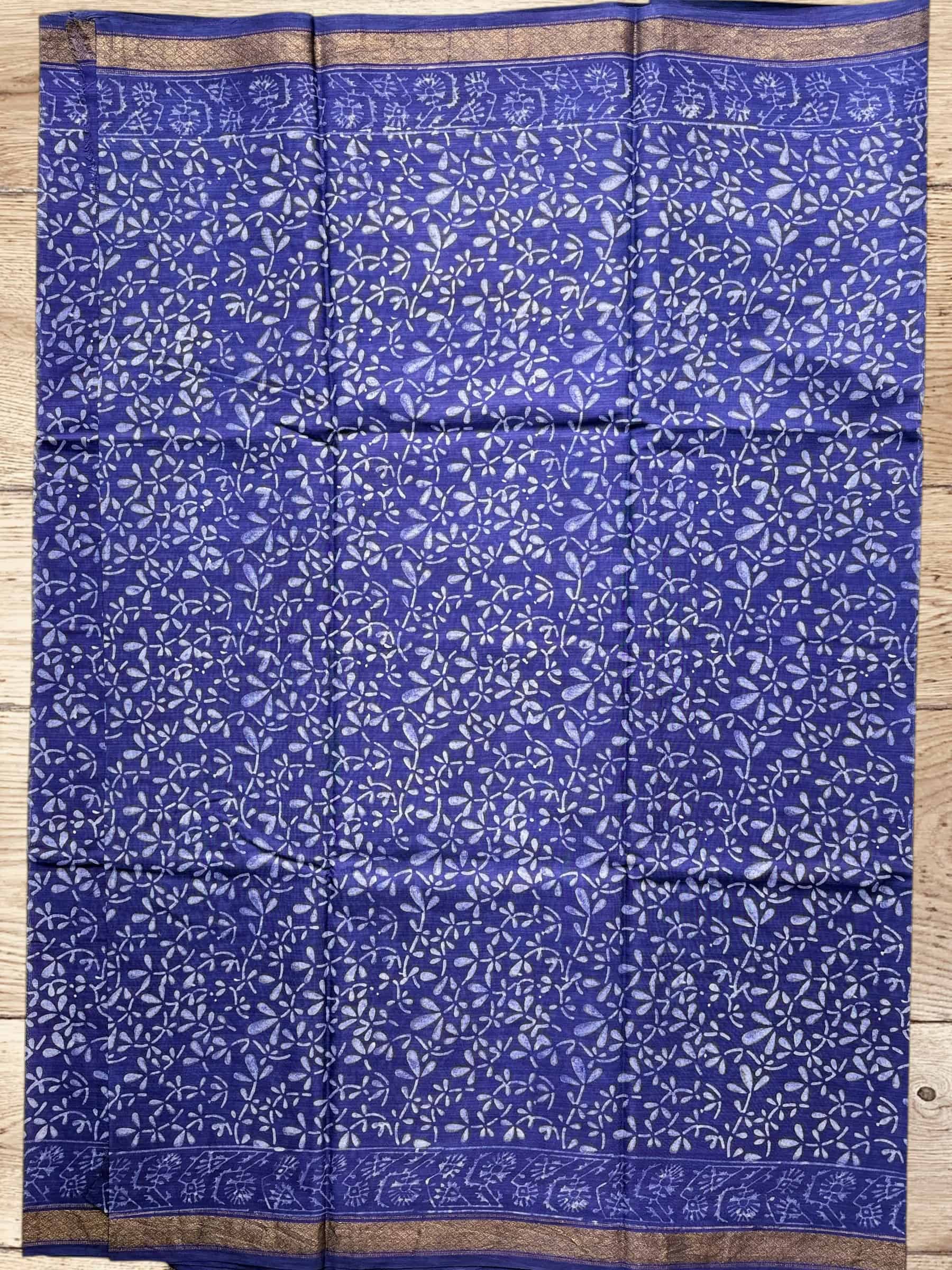 Royal Blue Dabu Hand Block Printed Banana Silk Saree