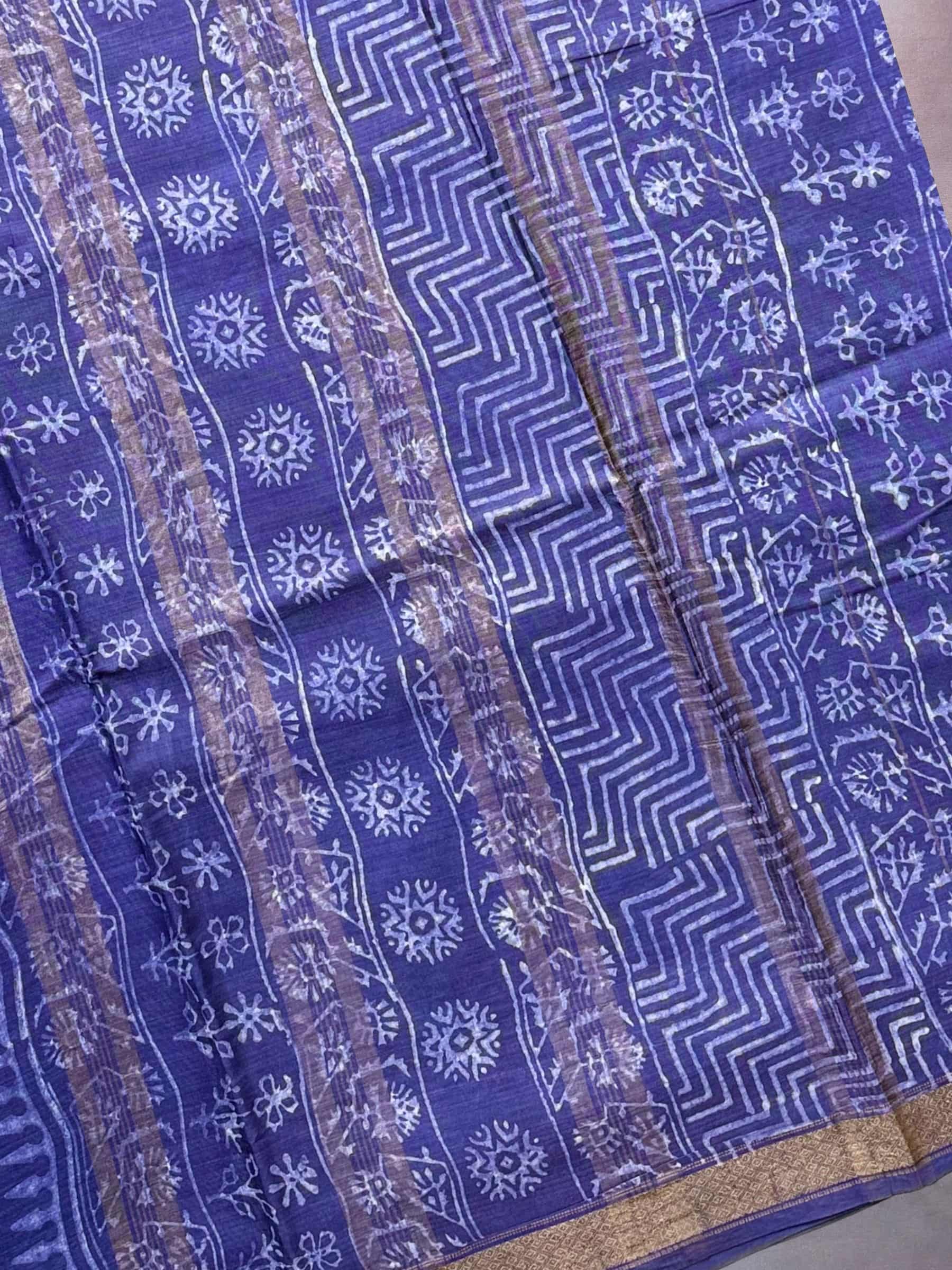 Royal Blue Dabu Hand Block Printed Banana Silk Saree