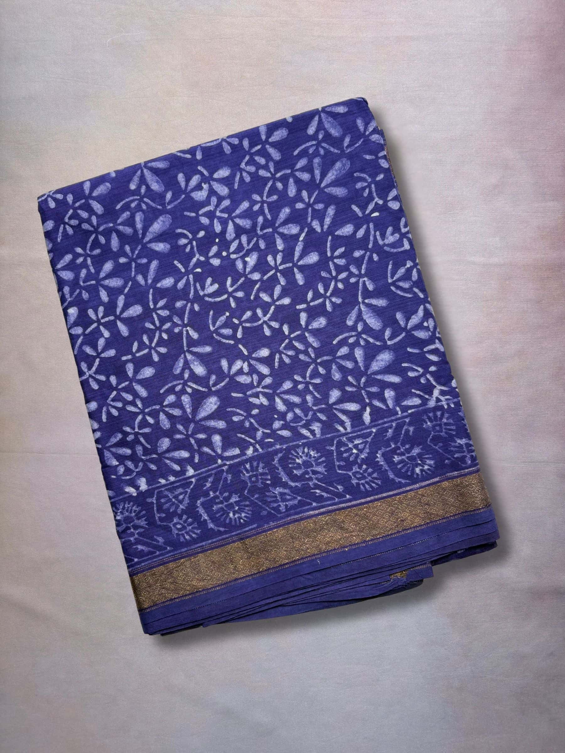Royal Blue Banana Silk Saree with Dabu hand block print and zari border