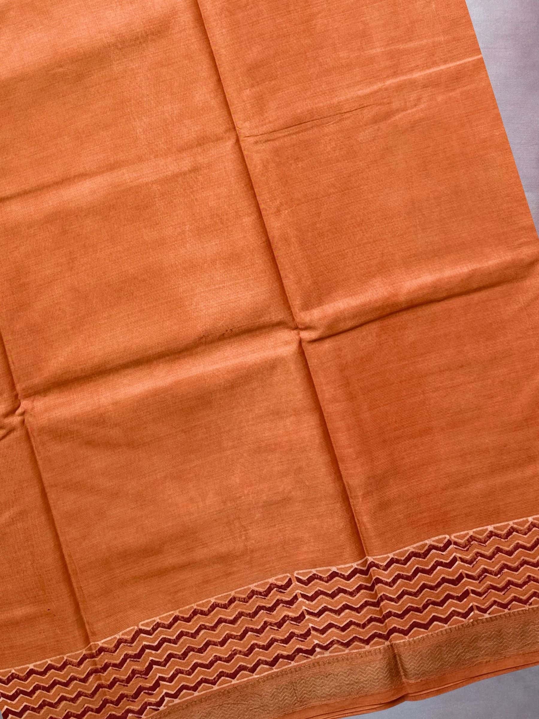 Rust Brown Dabu Hand Block Printed Banana Silk Saree