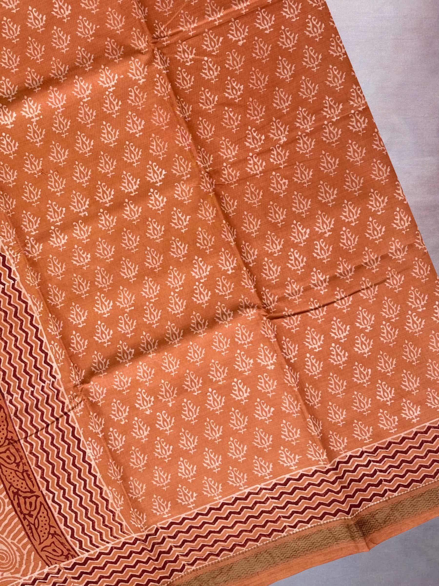 Rust Brown Dabu Hand Block Printed Banana Silk Saree