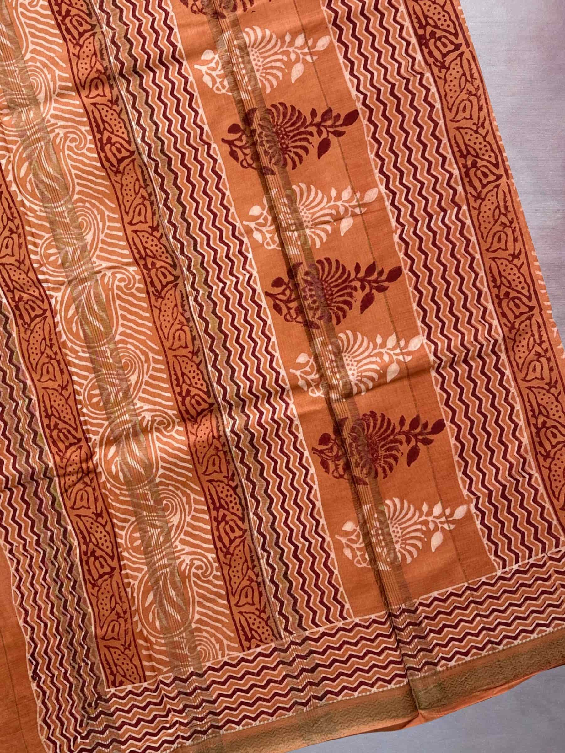 Rust Brown Dabu Hand Block Printed Banana Silk Saree