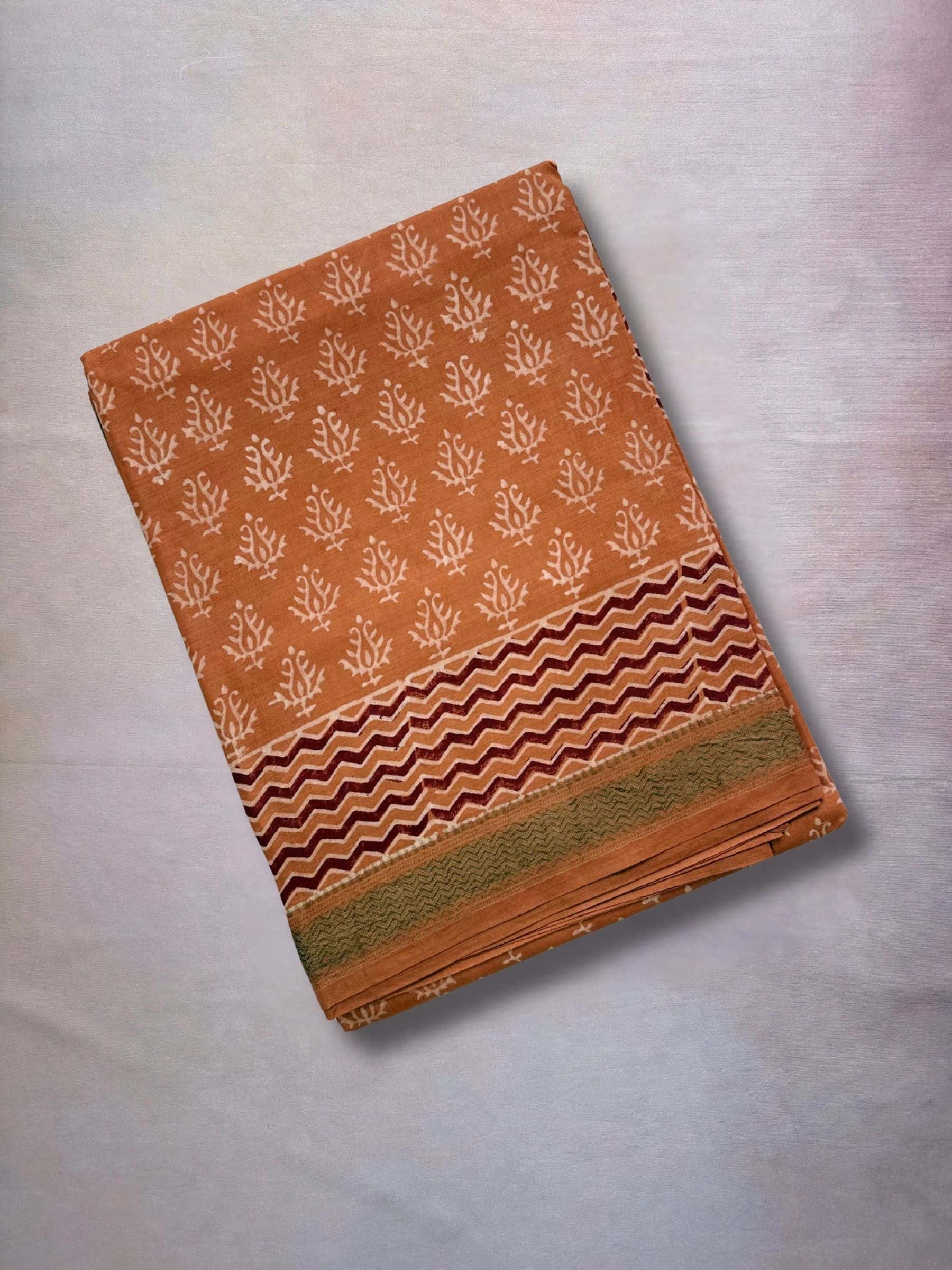 Rust Brown Banana Silk Saree with Dabu hand block print and zari border