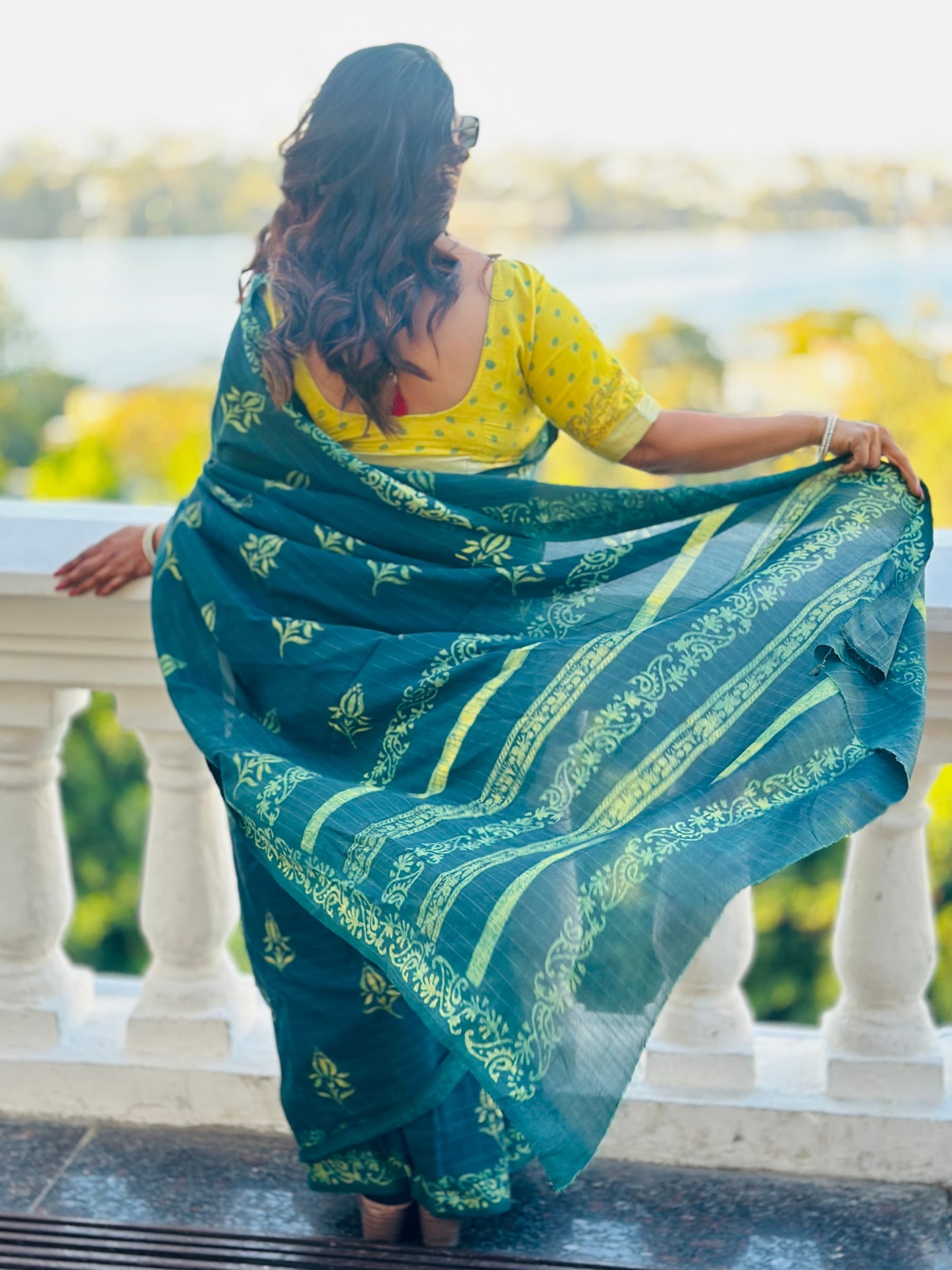 Deep Green Indigo Hand Block Printed Banana Silk Saree