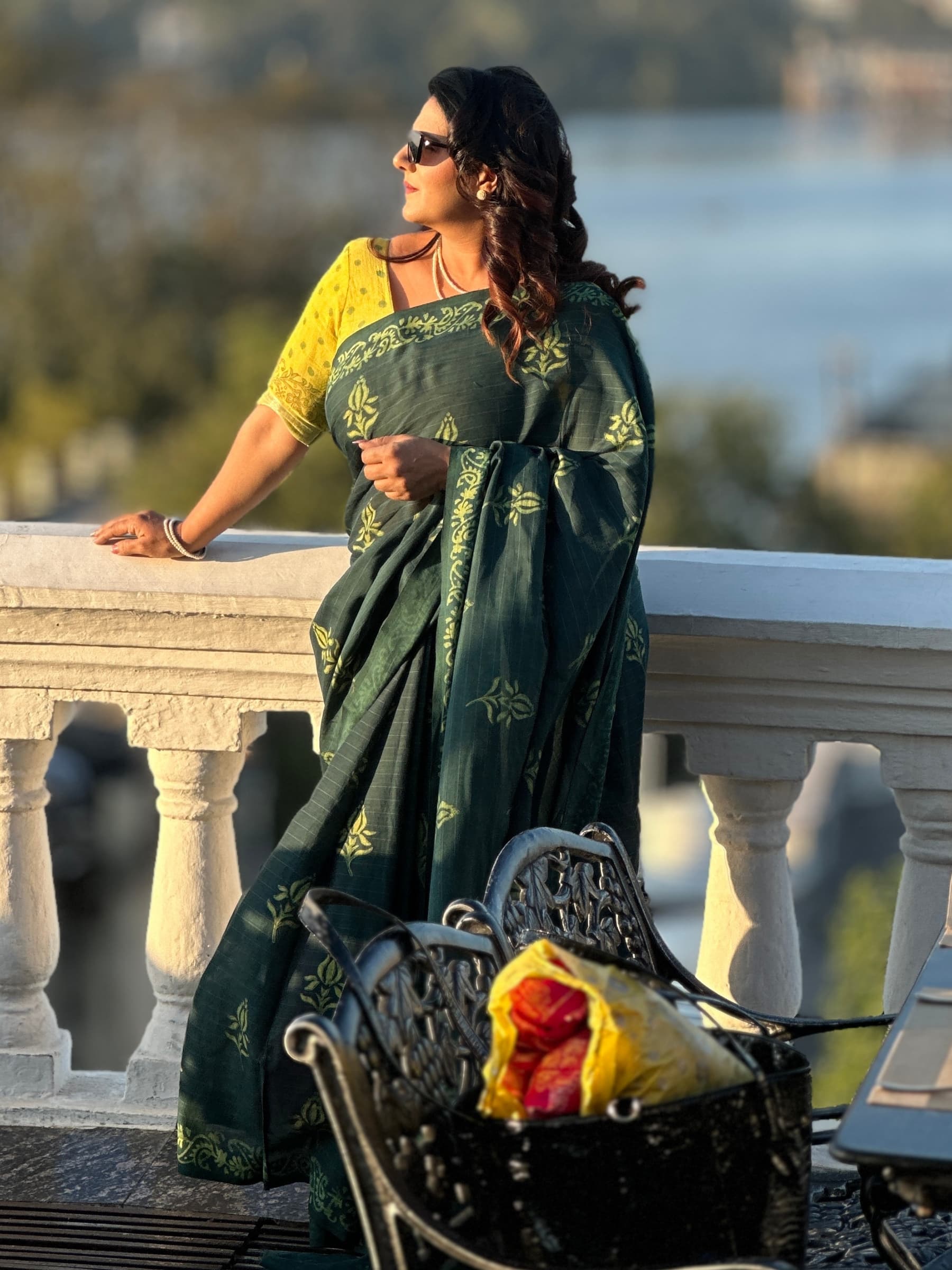 Deep Green Indigo Hand Block Printed Banana Silk Saree