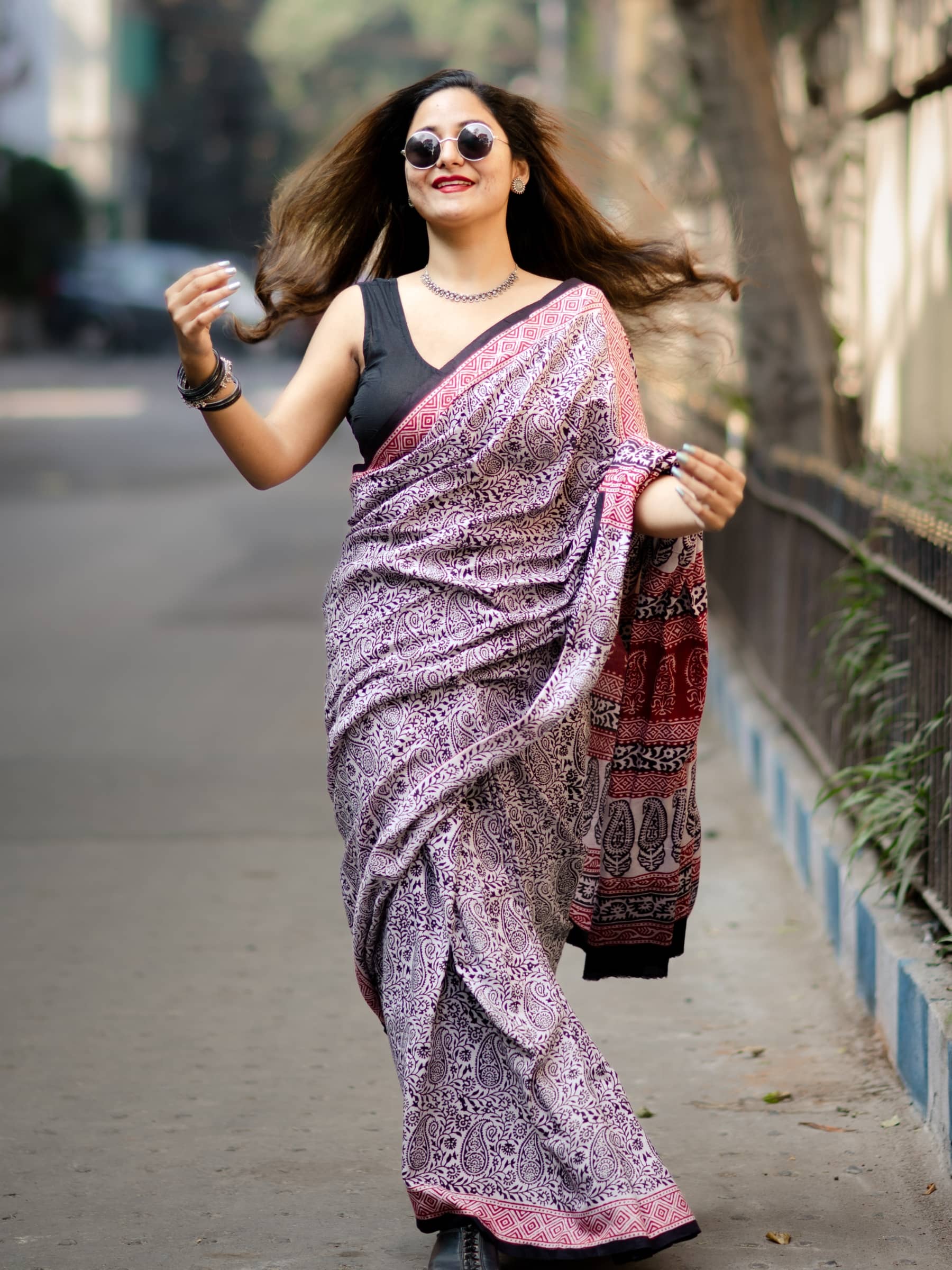 Black and White Bagh Hand Block Printed Banana Silk Cotton Saree