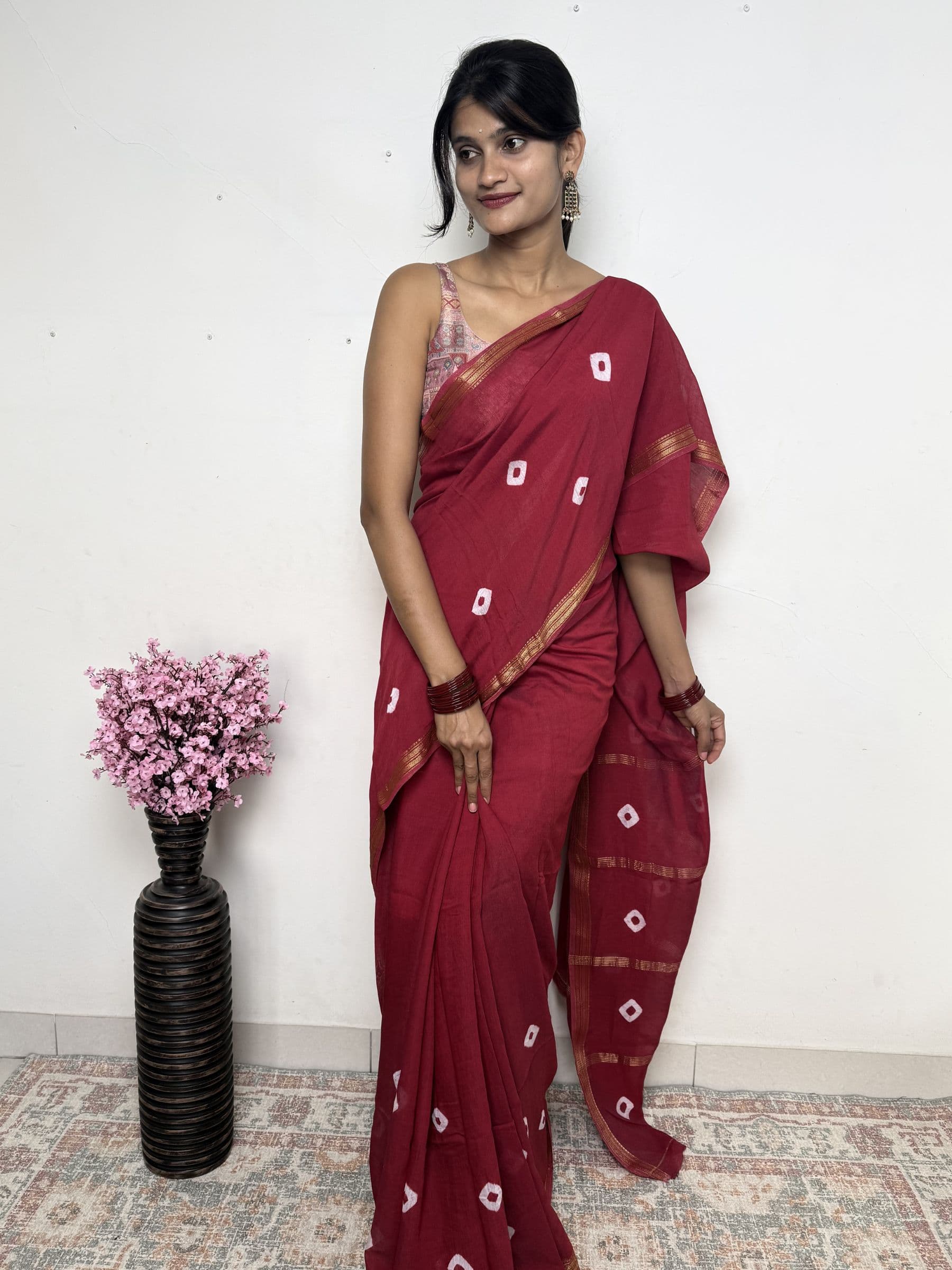 Bandhej Maheshwari Cotton Silk Saree in Deep Rose Red