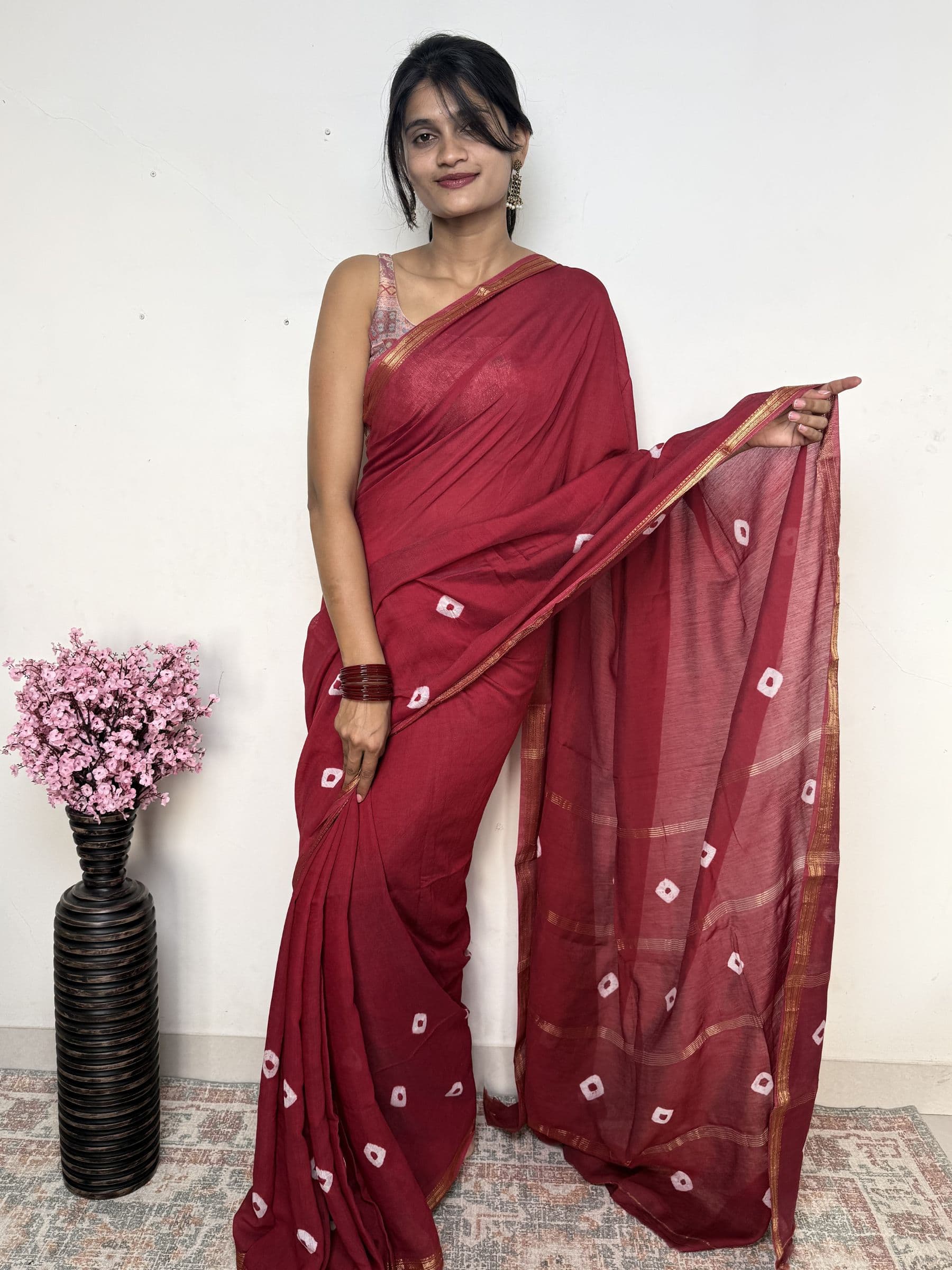 Bandhej Maheshwari Cotton Silk Saree in Deep Rose Red