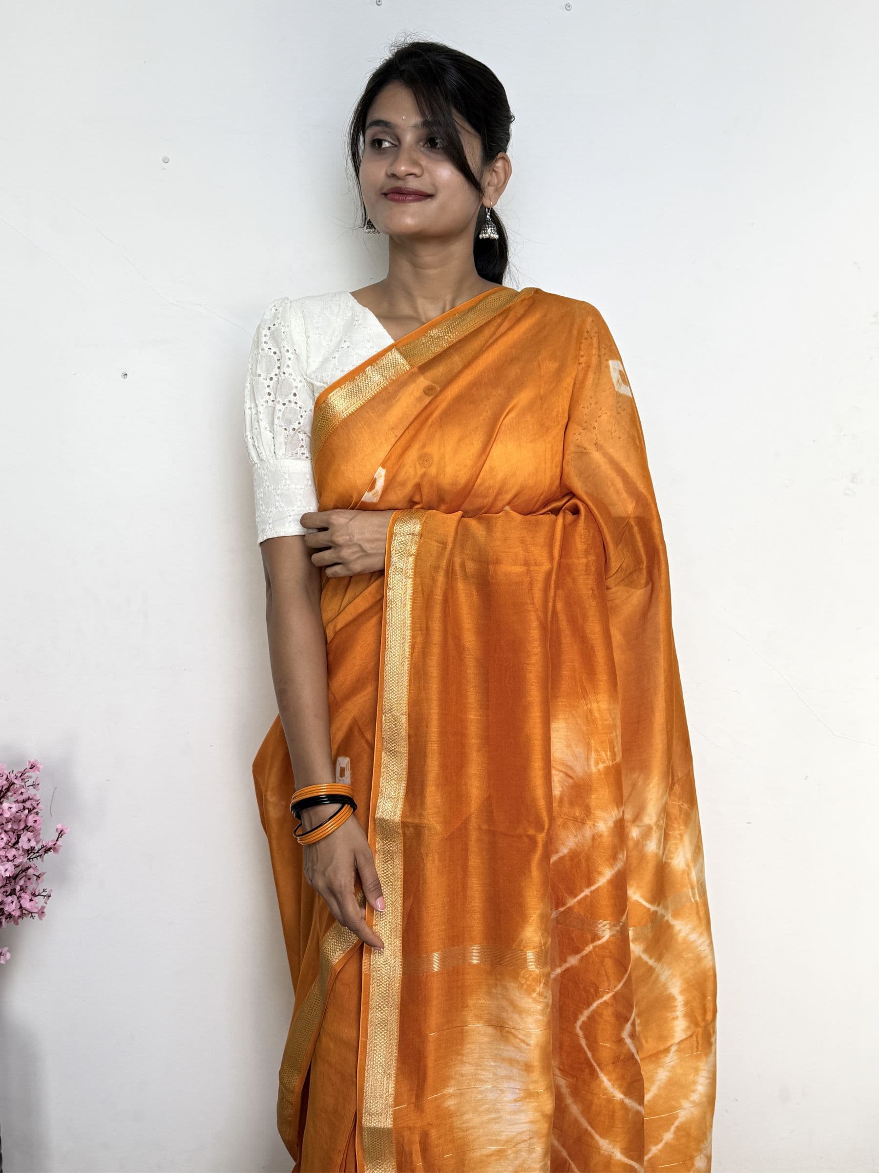 Bandhej Maheshwari Cotton Silk Saree in Mustard Orange