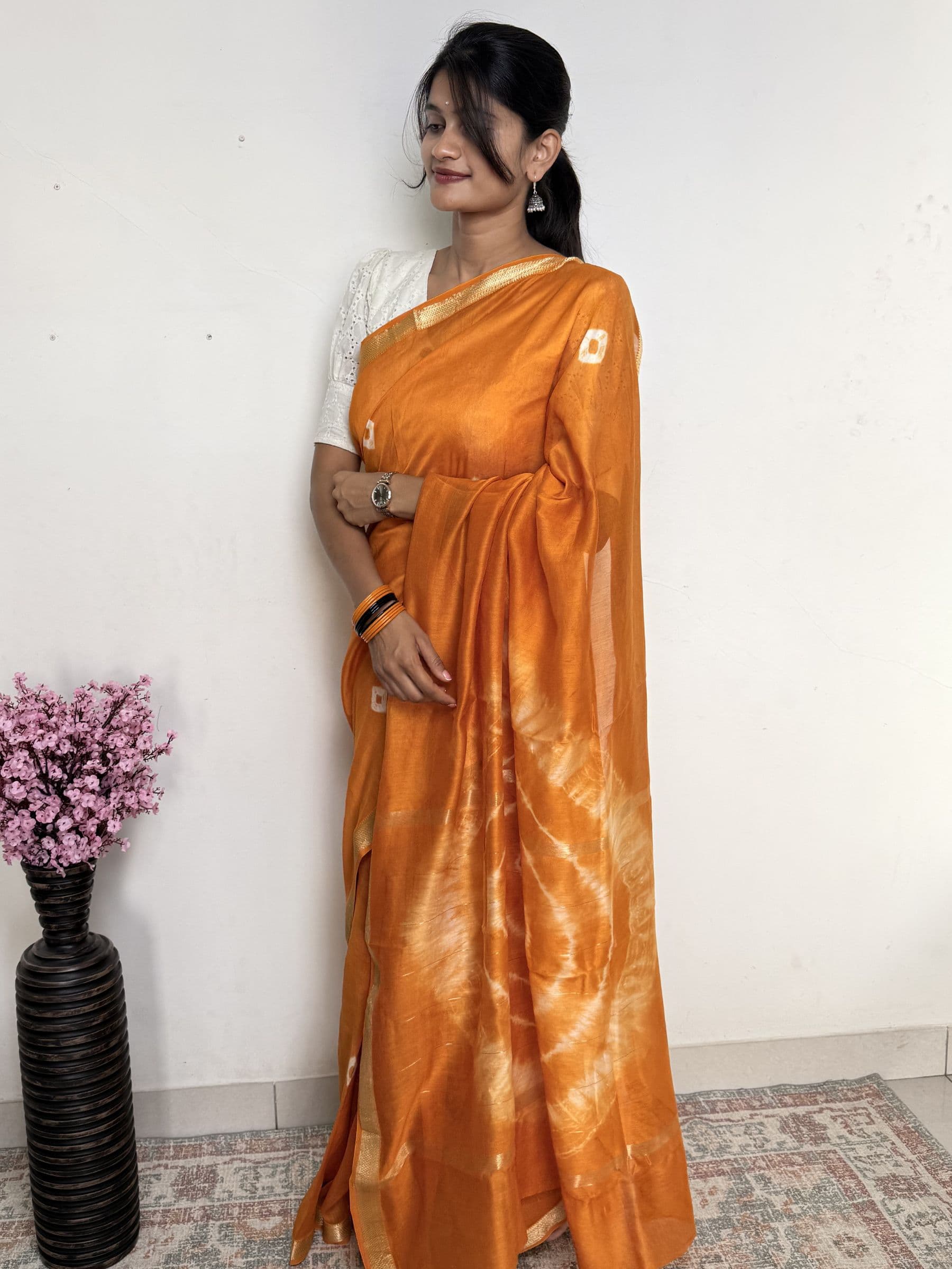 Bandhej Maheshwari Cotton Silk Saree in Mustard Orange